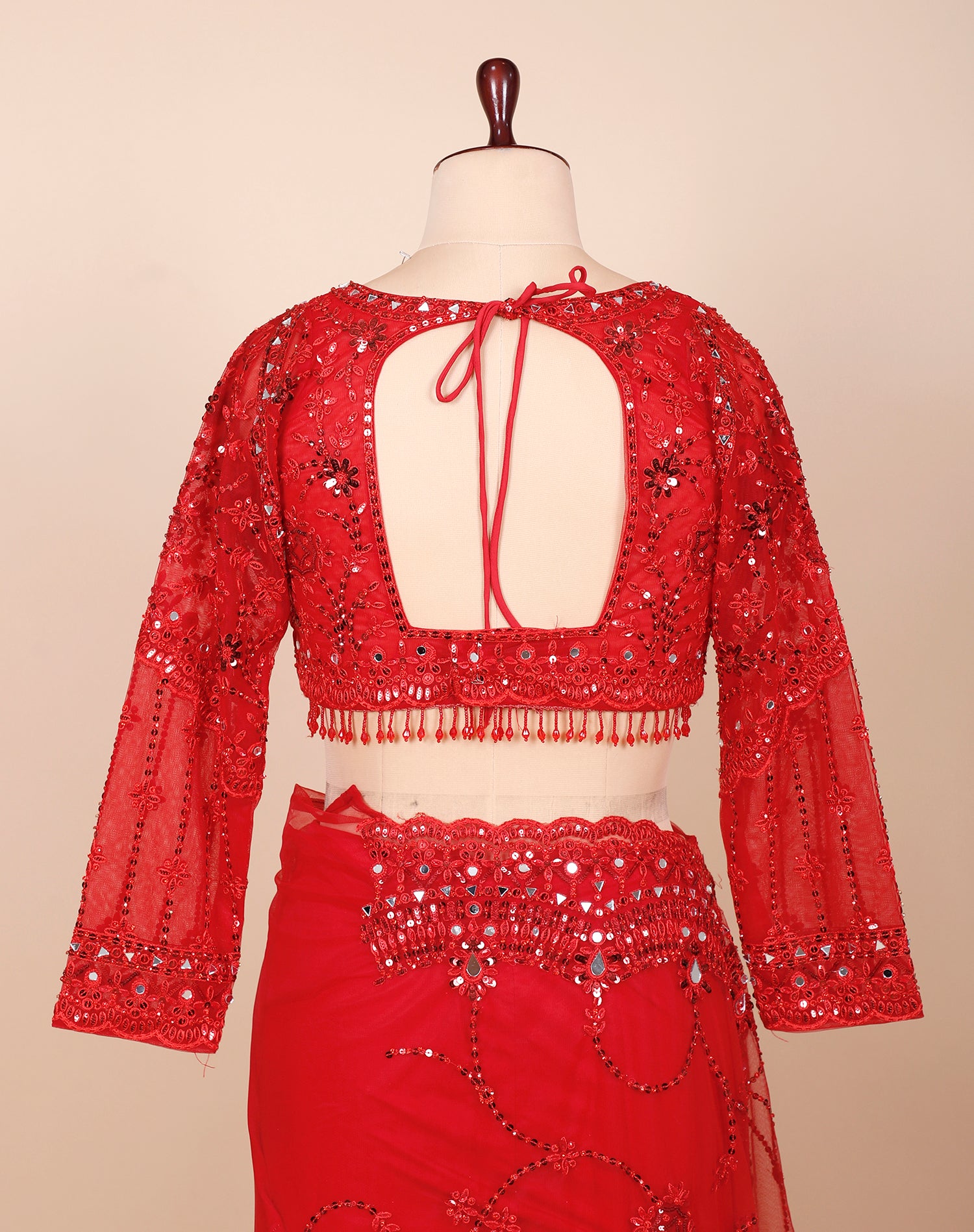 Red Net Mirror Work Saree With Readymade Blouse