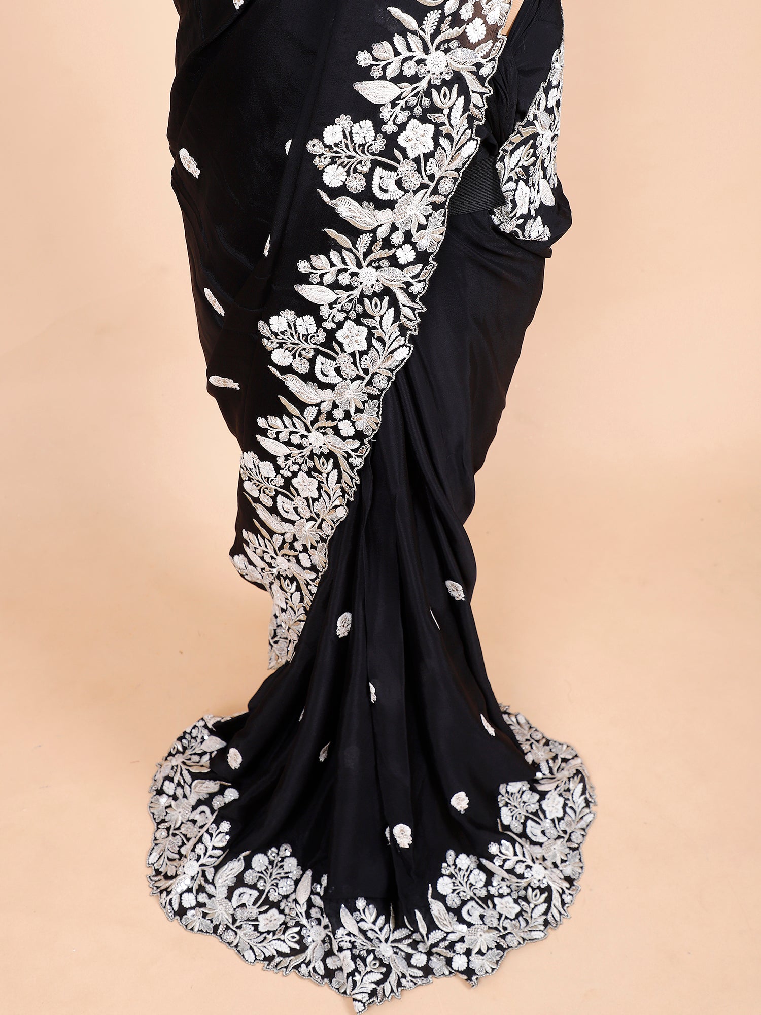 Black Saree With Silver Codding Work