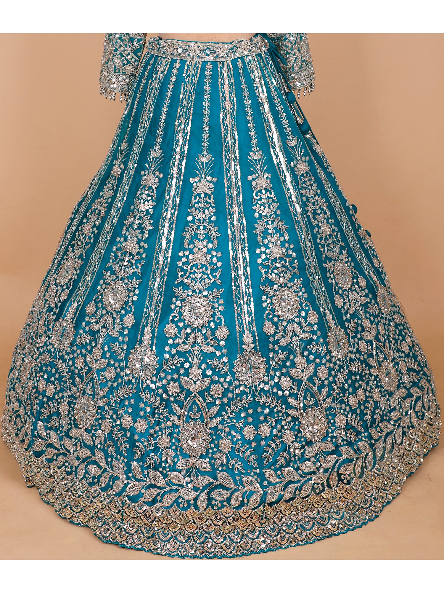 Rama Blue Net Lehenga With Coding Work