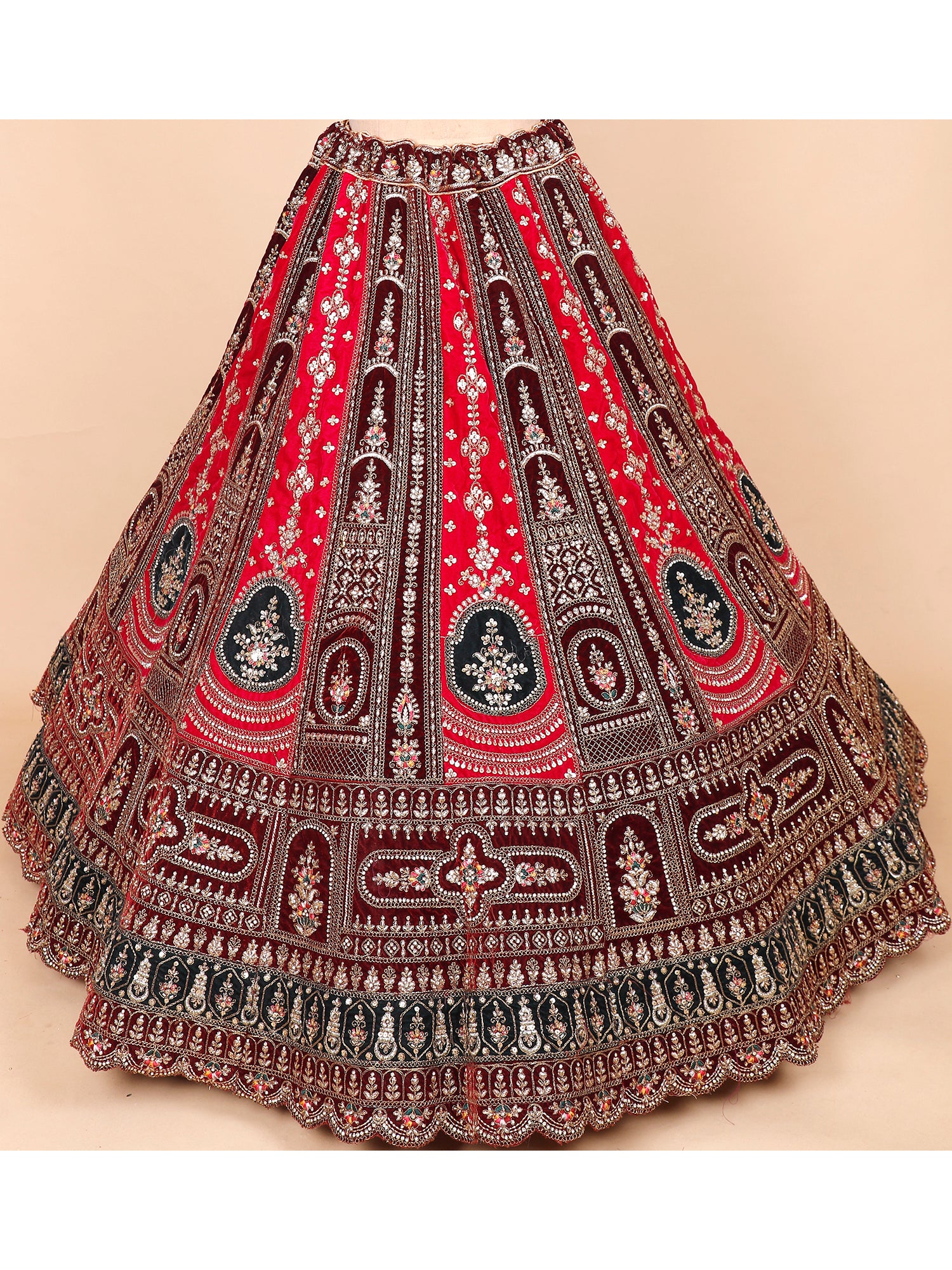 Velvet Bridal Lehenga In Maroon And Red