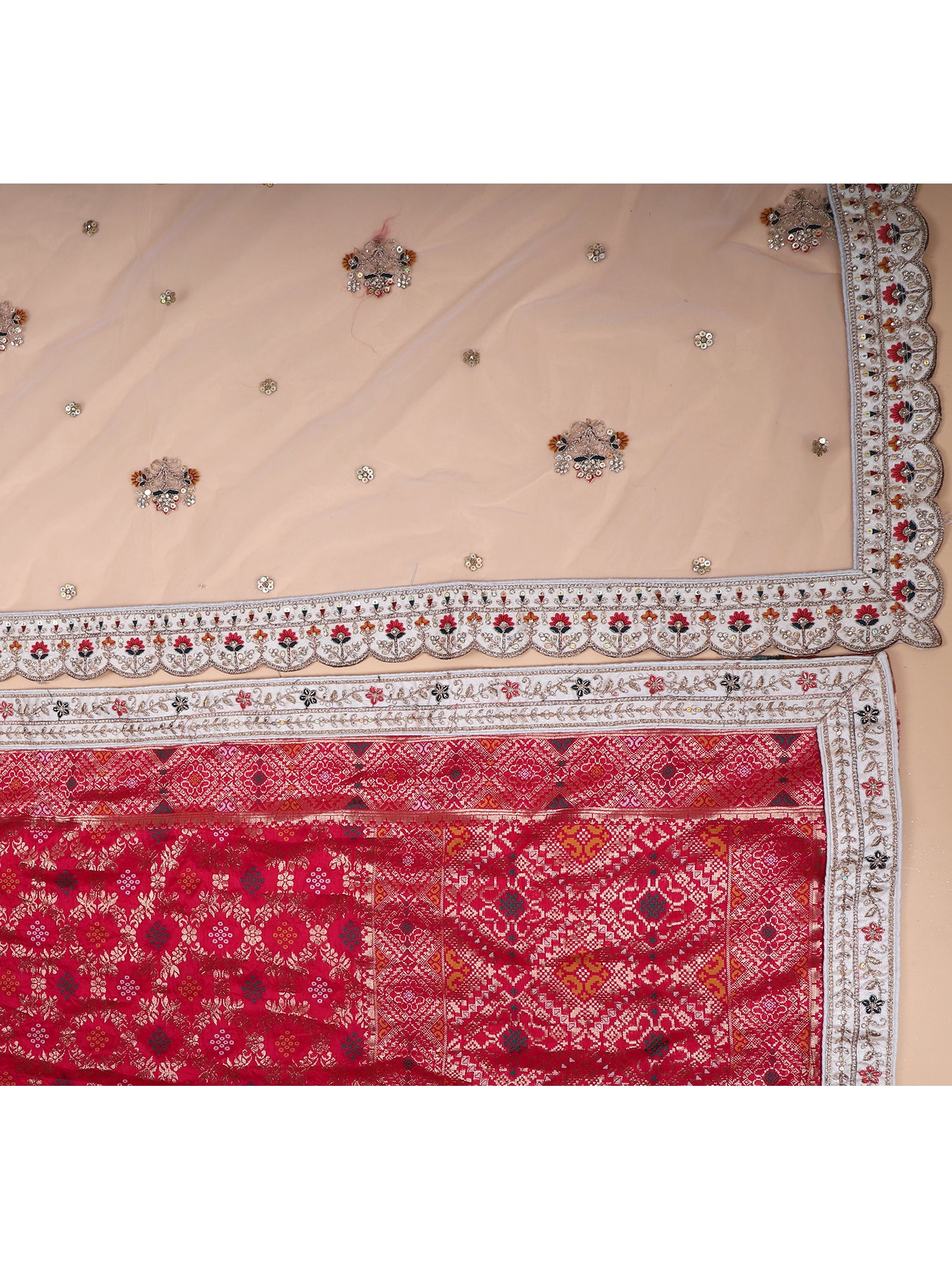 Off-White Silk Lehenga With Hand Embroidery