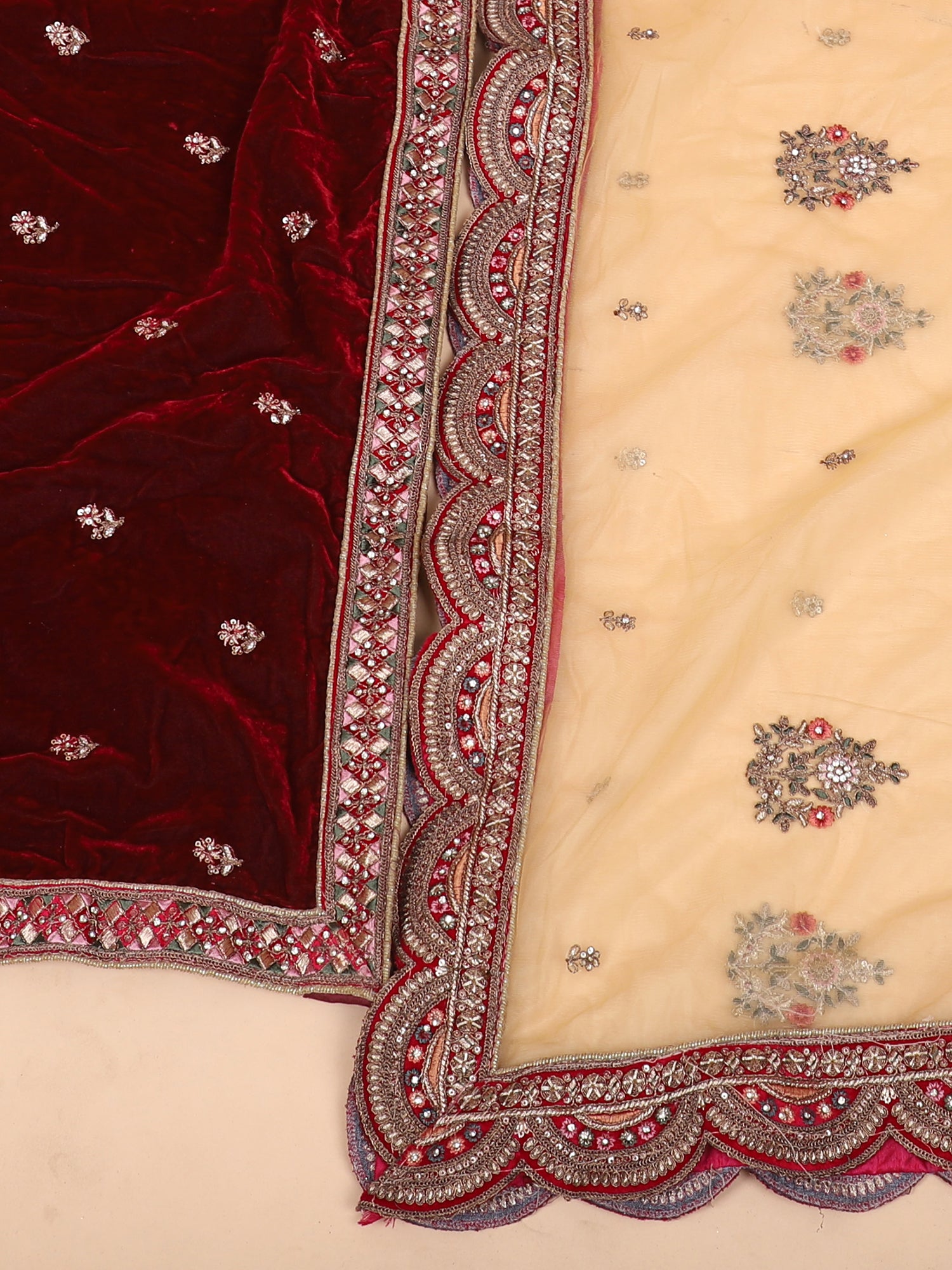 Eternal Multi Velvet Lehenga Adorned With Celestial Jarkan Detailing