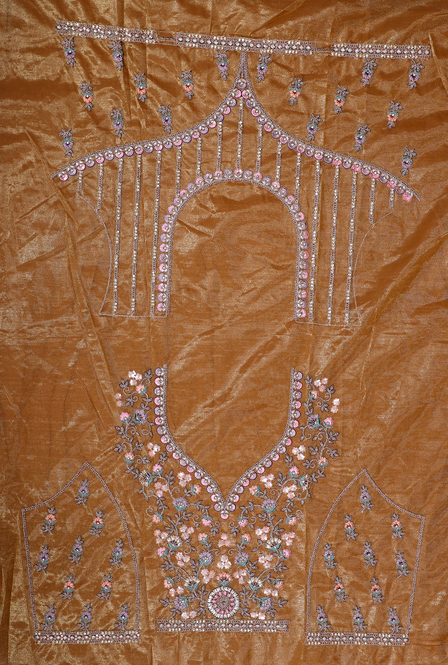 Copper Gold Shimmer Lehenga With Intricate Jarkan