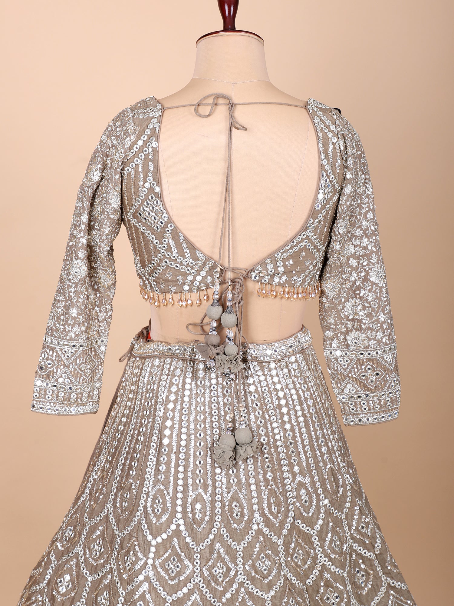 Handcrafted Silk Chickoo Colour Mirror Work Lehenga
