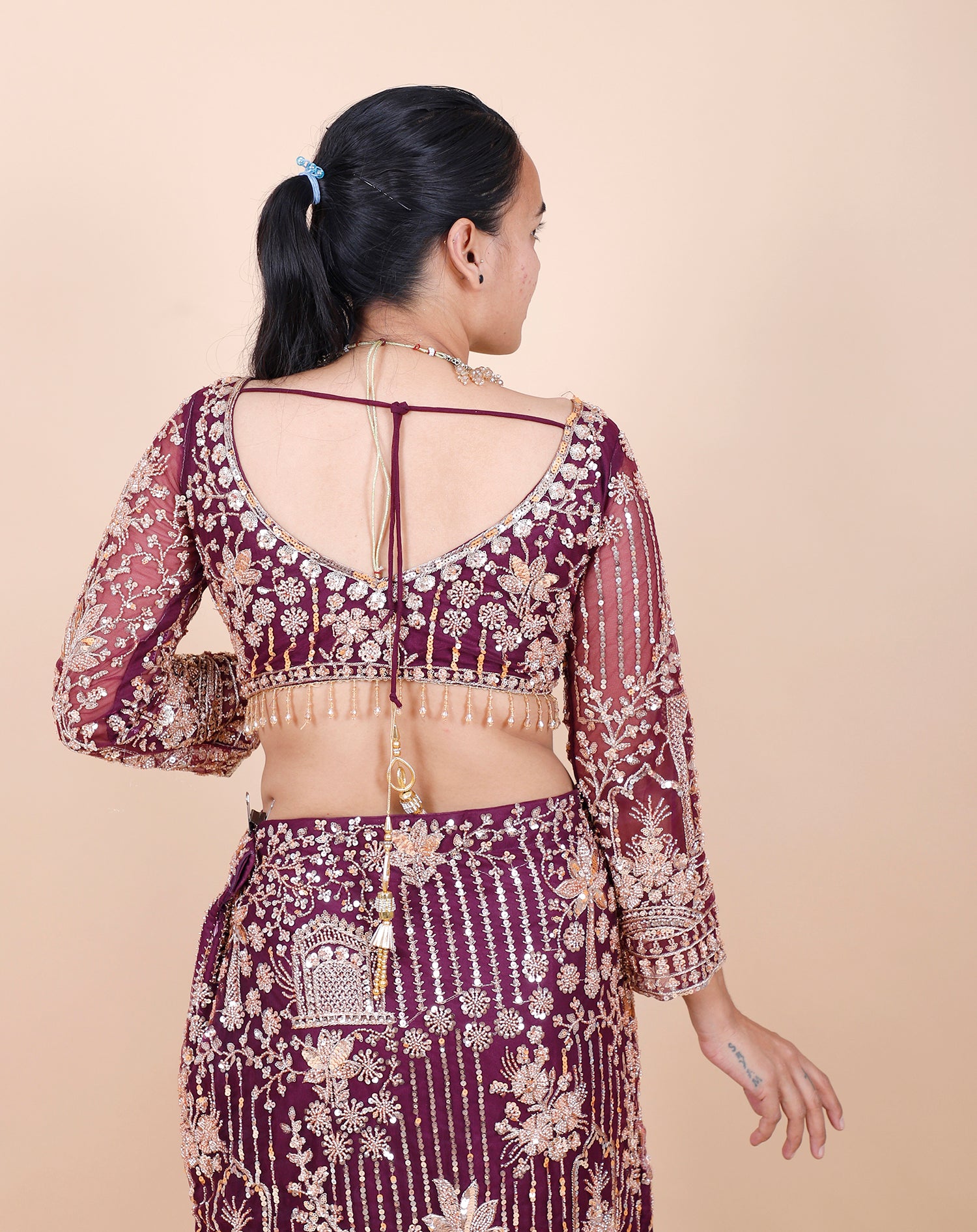 Wine Net Embroidered Beaded Crop Top