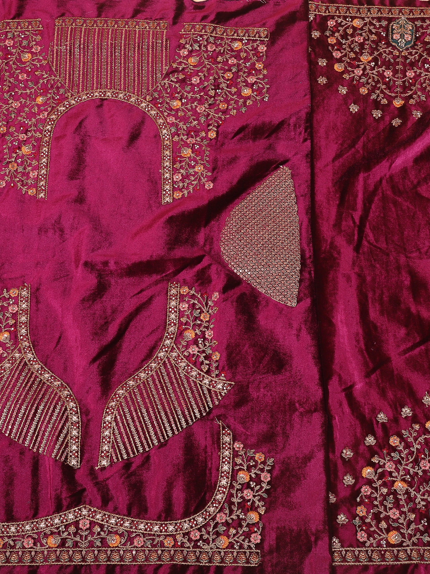 Maroon Velvet Lehenga With Jarkan Stones & Fine Thread Embroidery