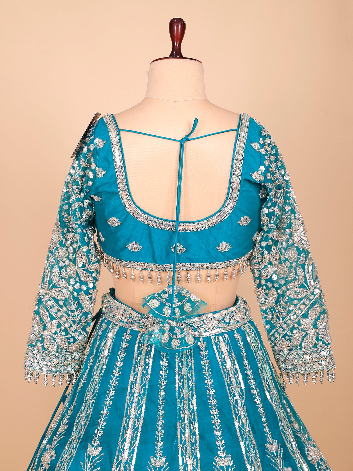 Rama Blue Net Lehenga With Coding Work