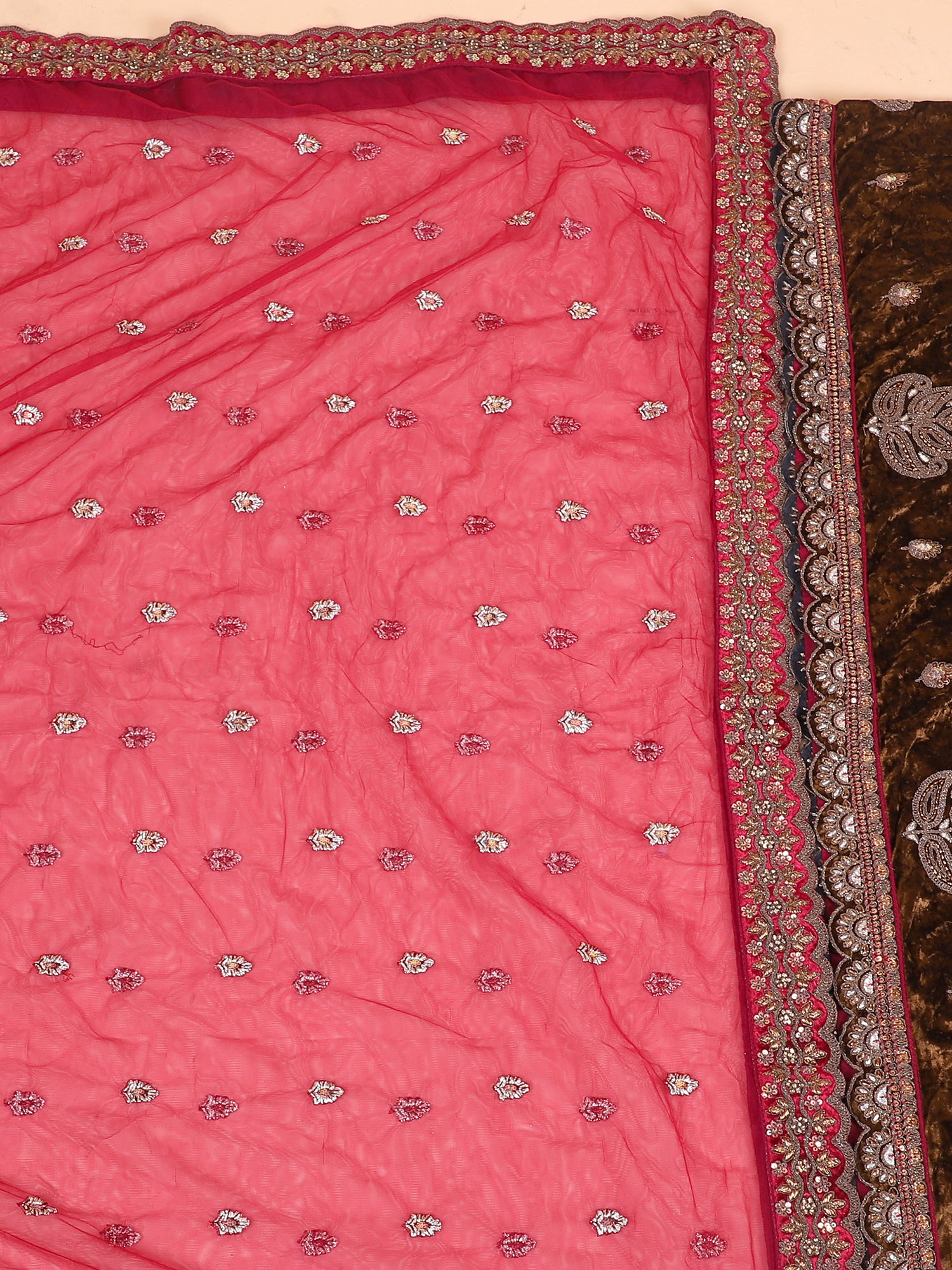 Wine Velvet Lehenga With Handcrafted Jarkan & Sequin Work