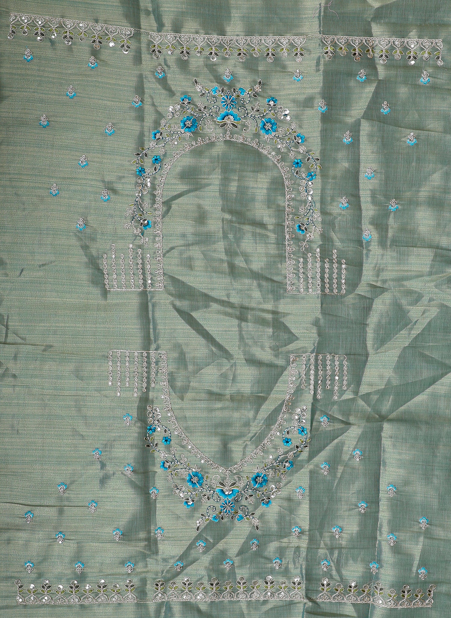 Green-Blue Silk Lehenga With Multi-Thread