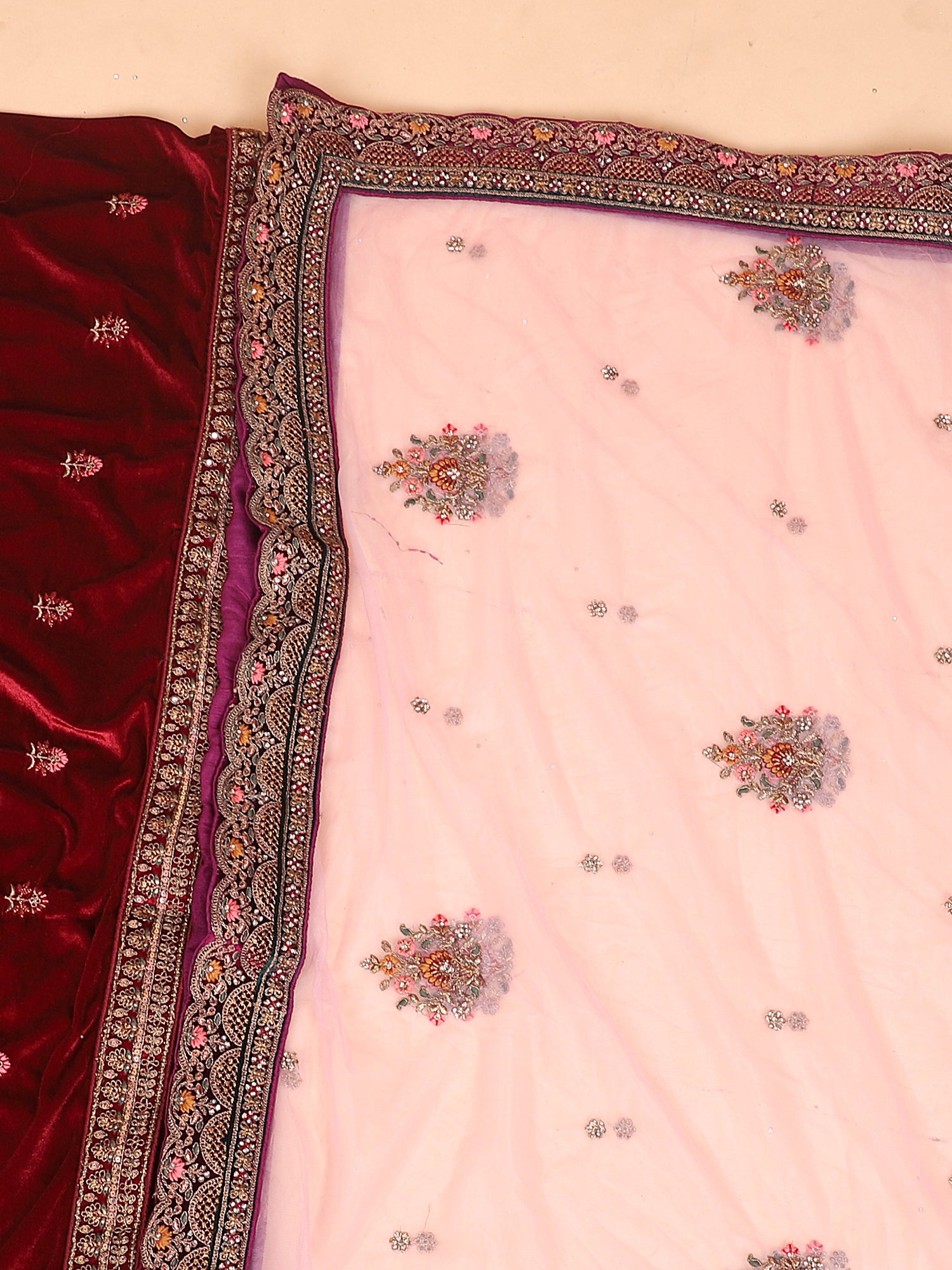 Maroon Velvet Lehenga With Jarkan Stones & Fine Thread Embroidery