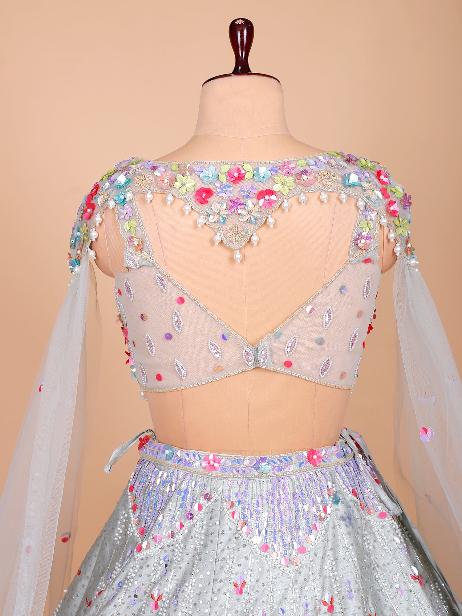 Grey Multi Silk Lehenga With Beads, Jarkan