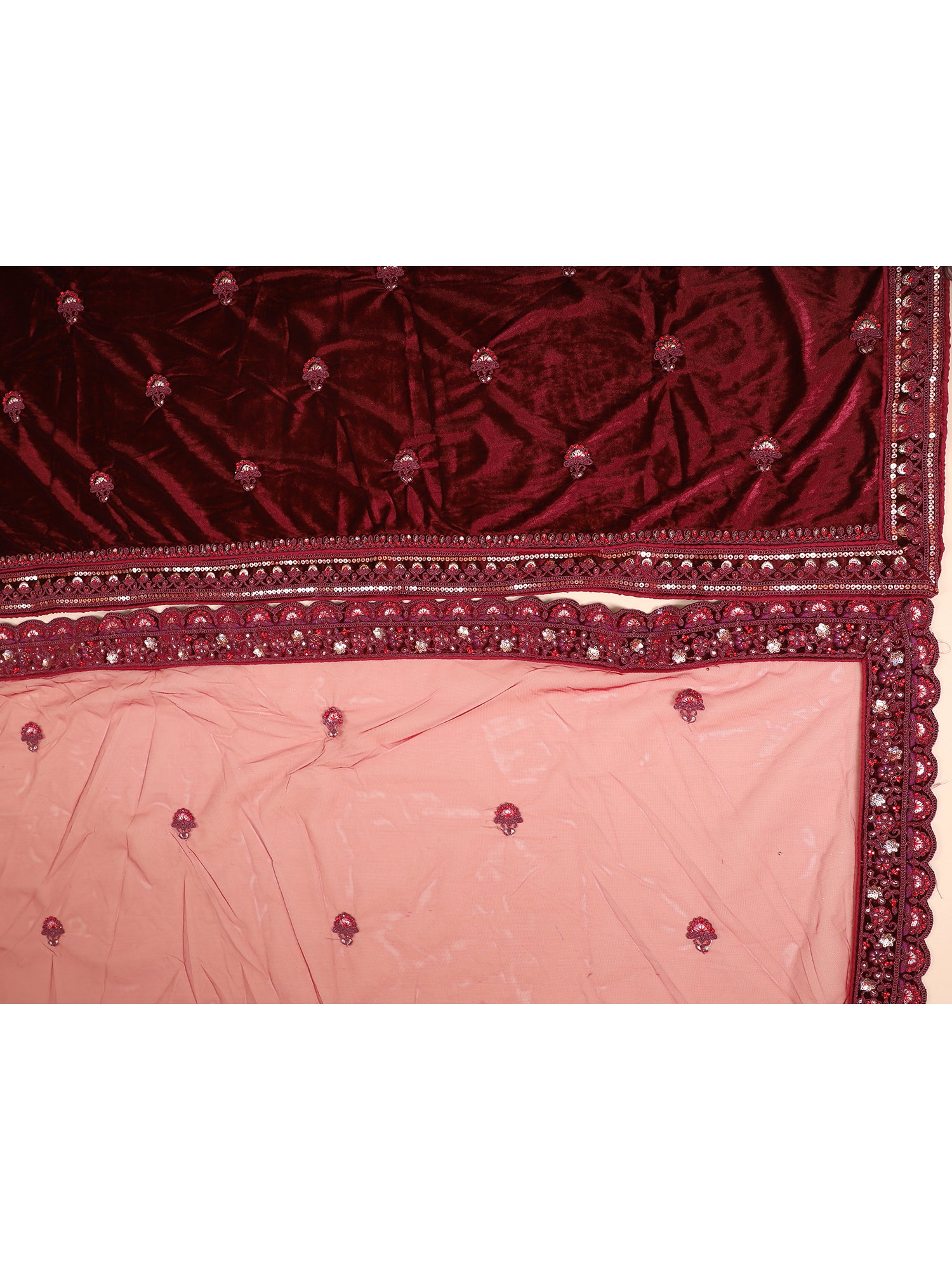 Opulent Maroon Jarkan Mirror Velvet Bridal Lehenga