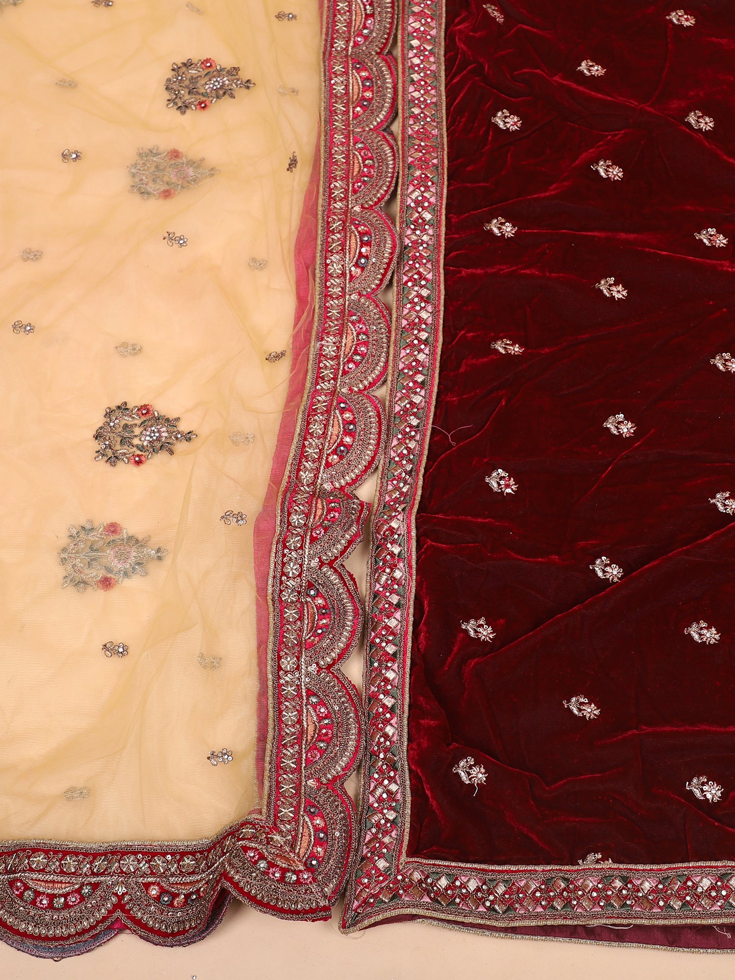 Multicolor Bridal Lehenga With Jarkan & Thread Embroidery