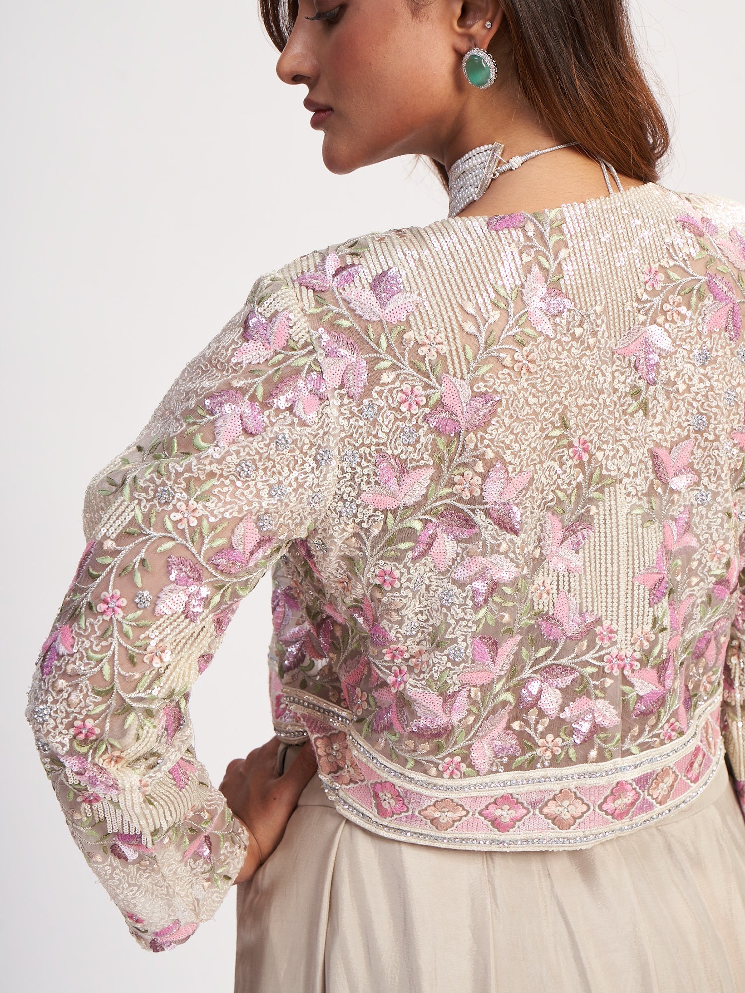 Cream Indo-Western Pure Chinon Dress