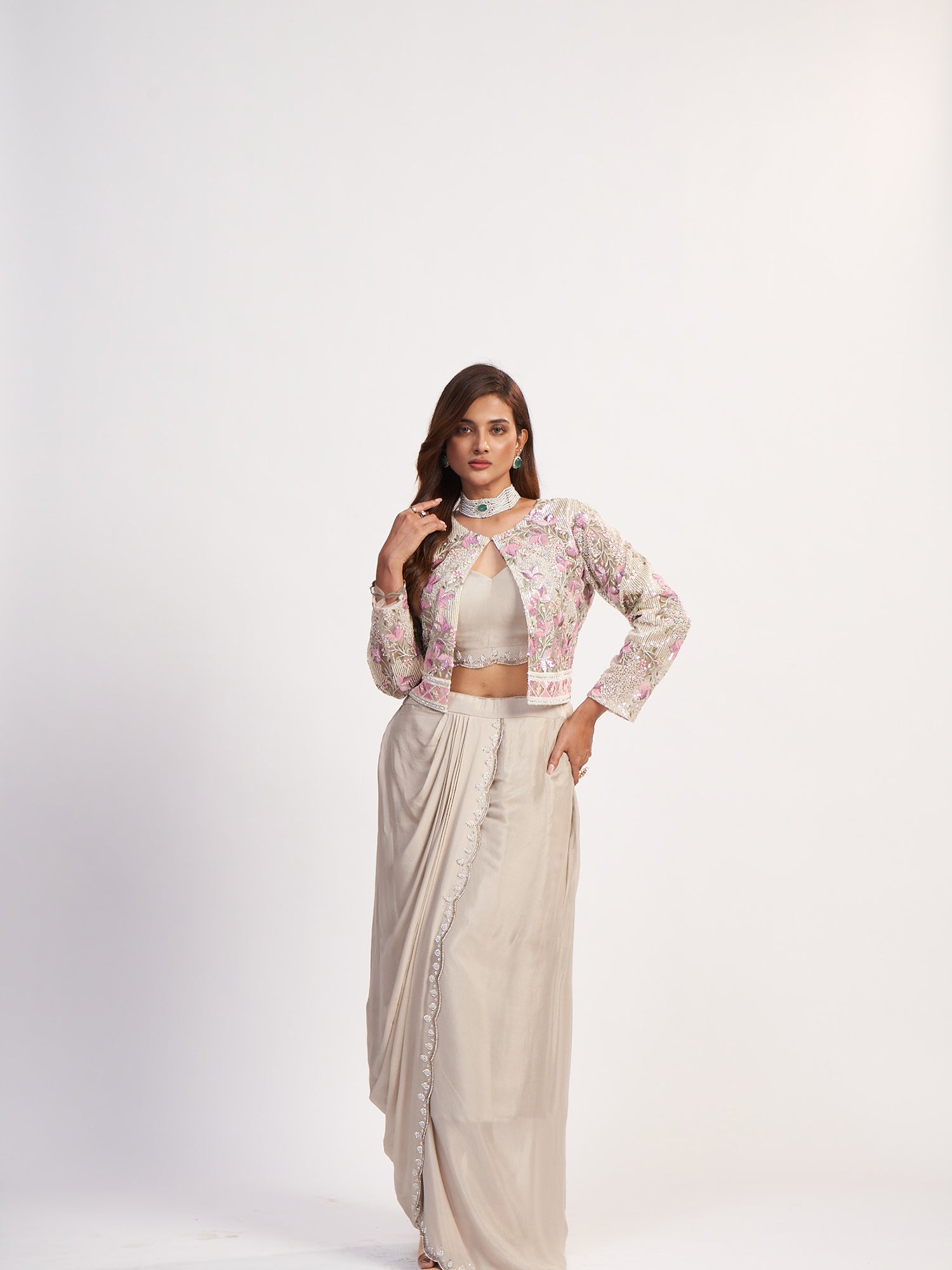 Cream Indo-Western Pure Chinon Dress