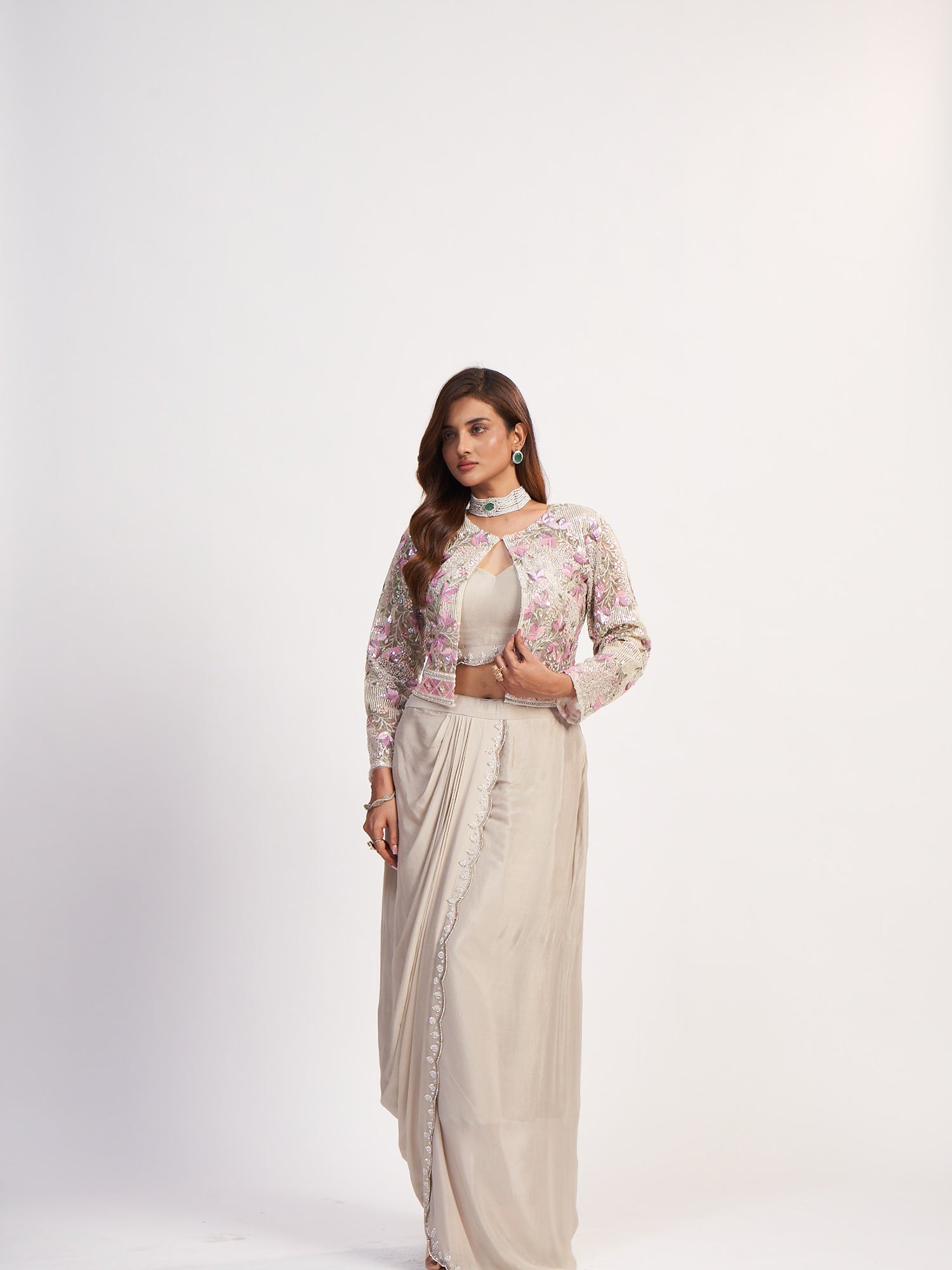 Cream Indo-Western Pure Chinon Dress
