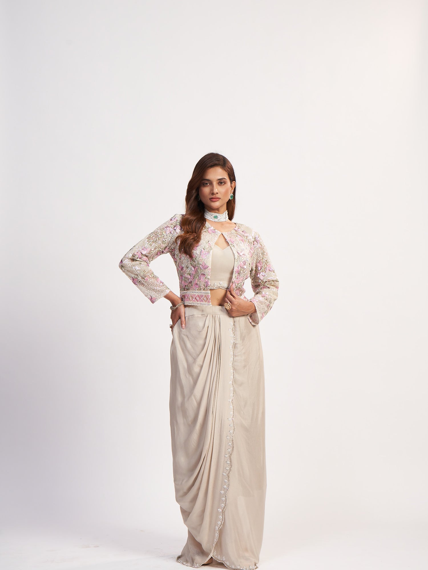 Cream Indo-Western Pure Chinon Dress