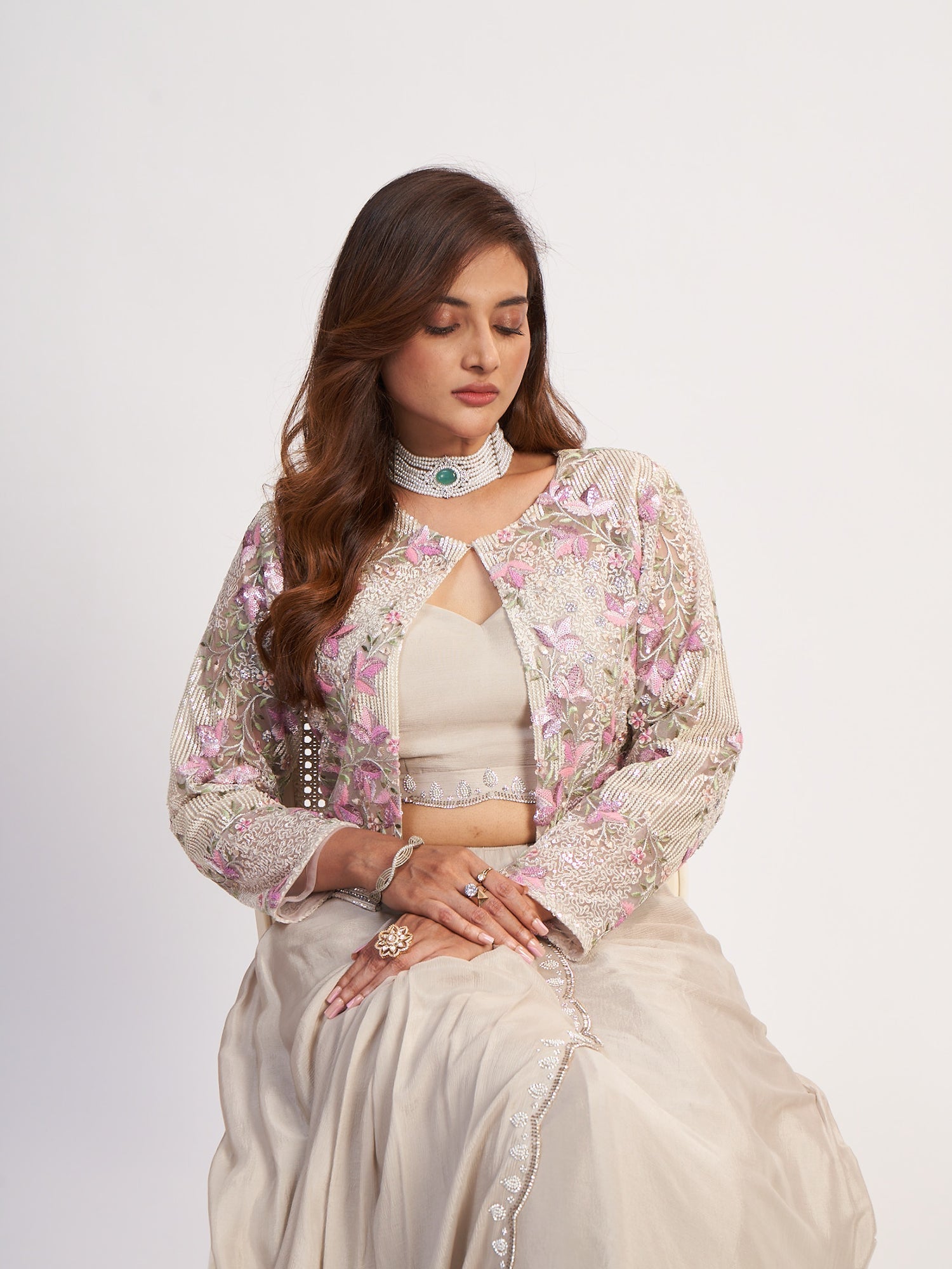 Cream Indo-Western Pure Chinon Dress