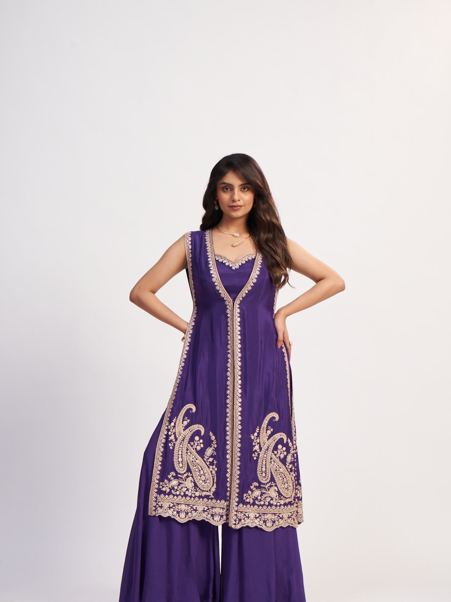 Regal Purple Indo-Western Pure Chinon
