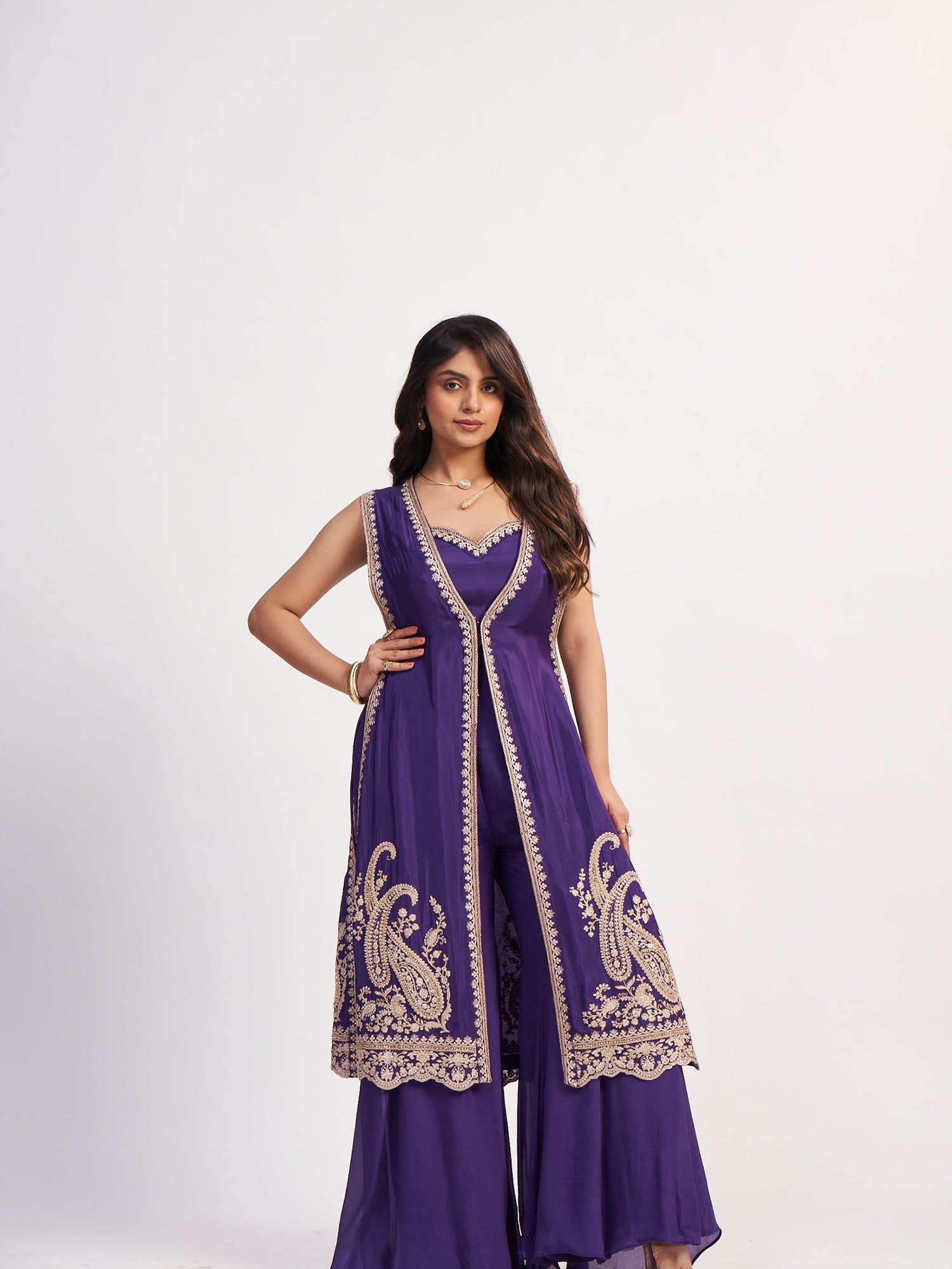 Regal Purple Indo-Western Pure Chinon