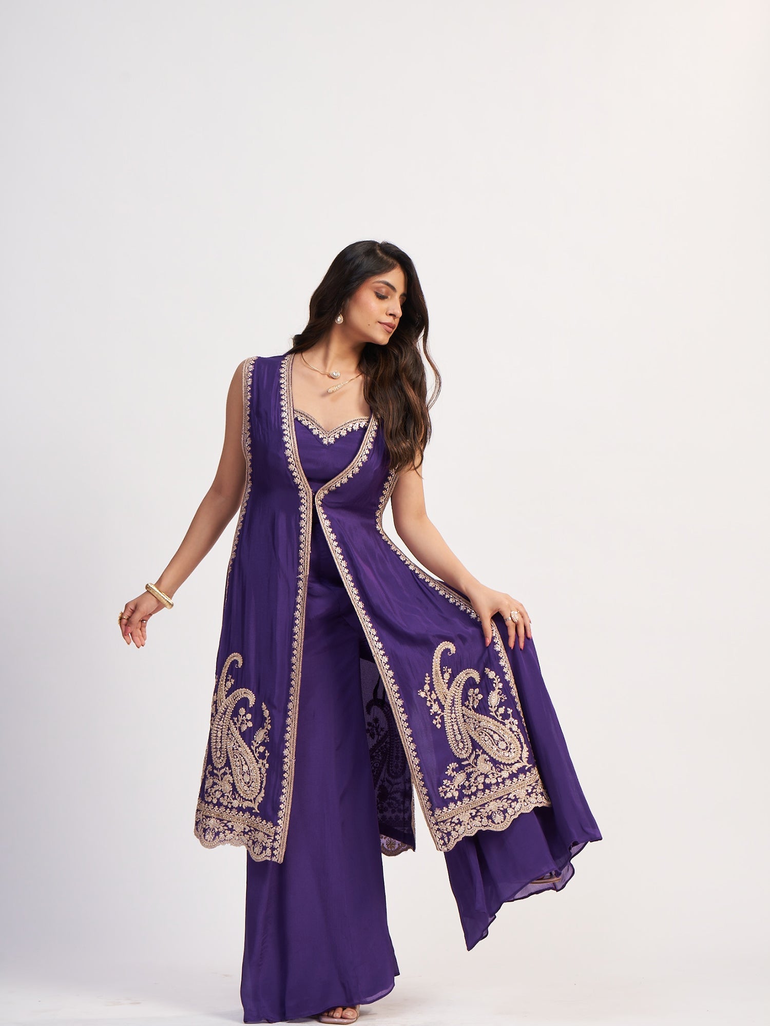 Regal Purple Indo-Western Pure Chinon