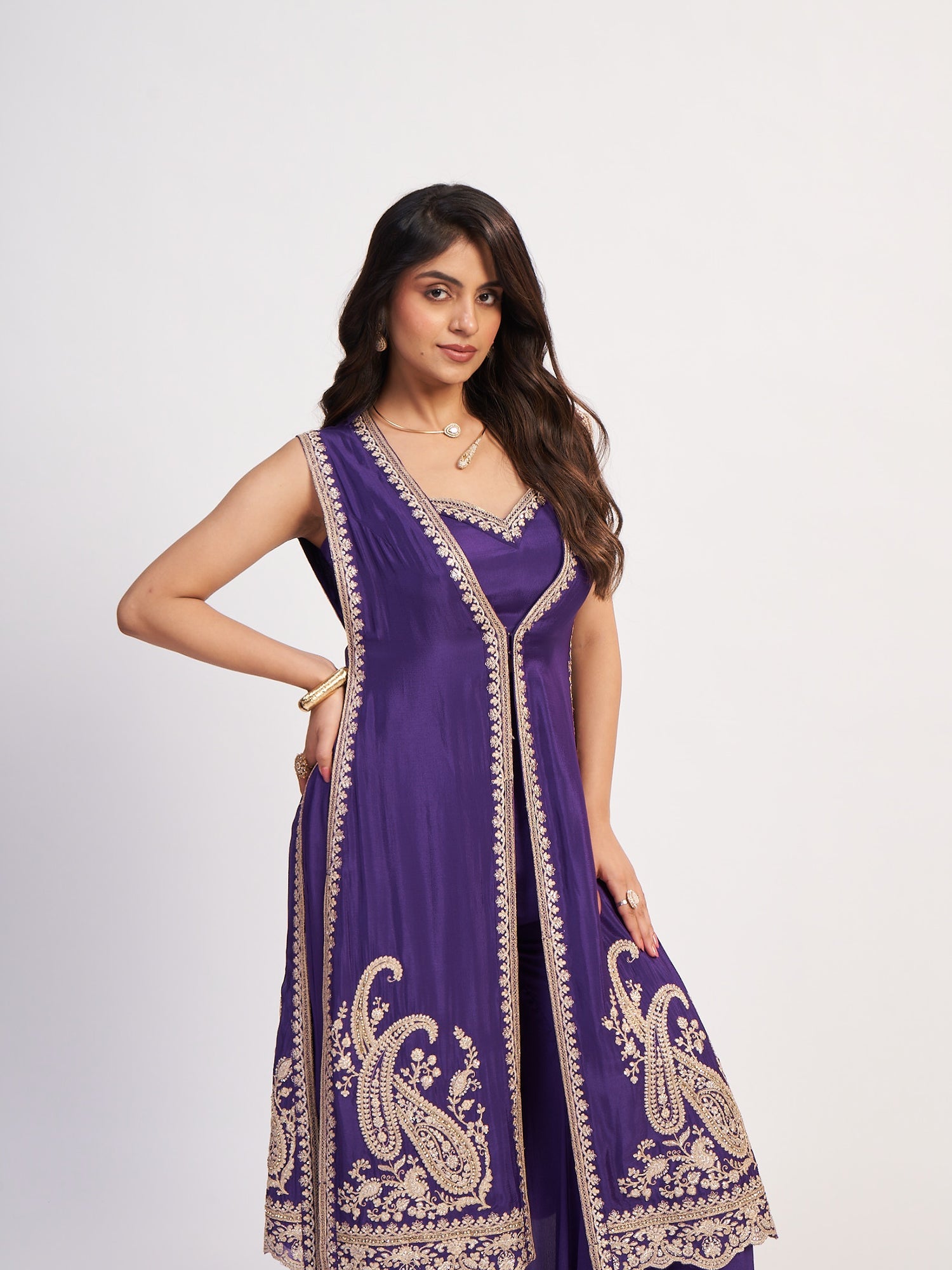 Regal Purple Indo-Western Pure Chinon