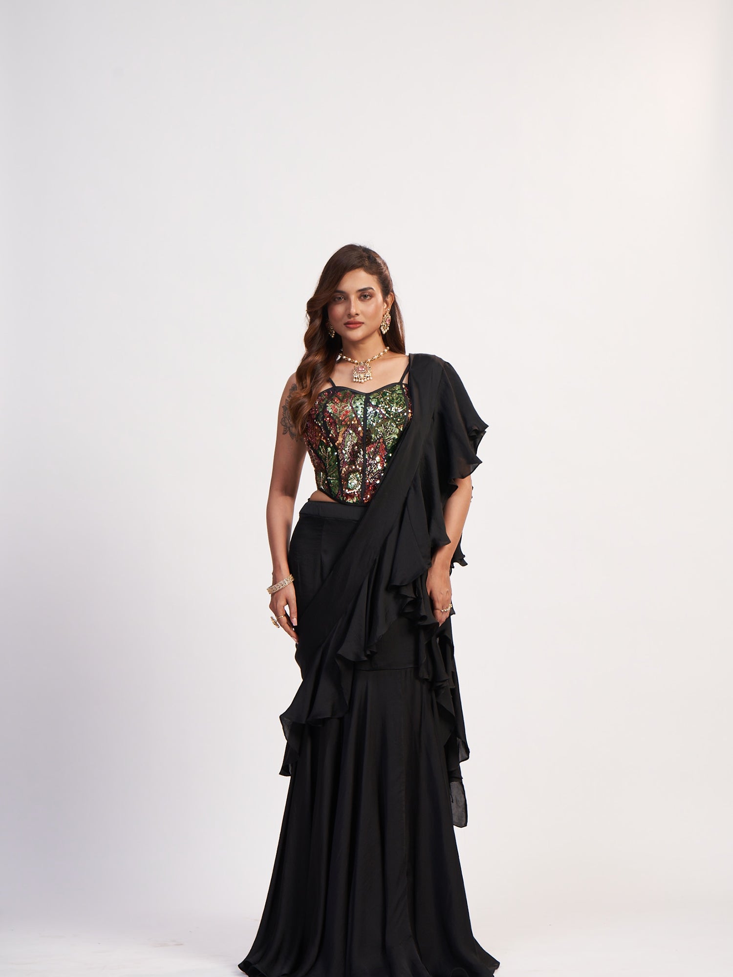 Black Multi Indo-Western Pure Chinon Dress