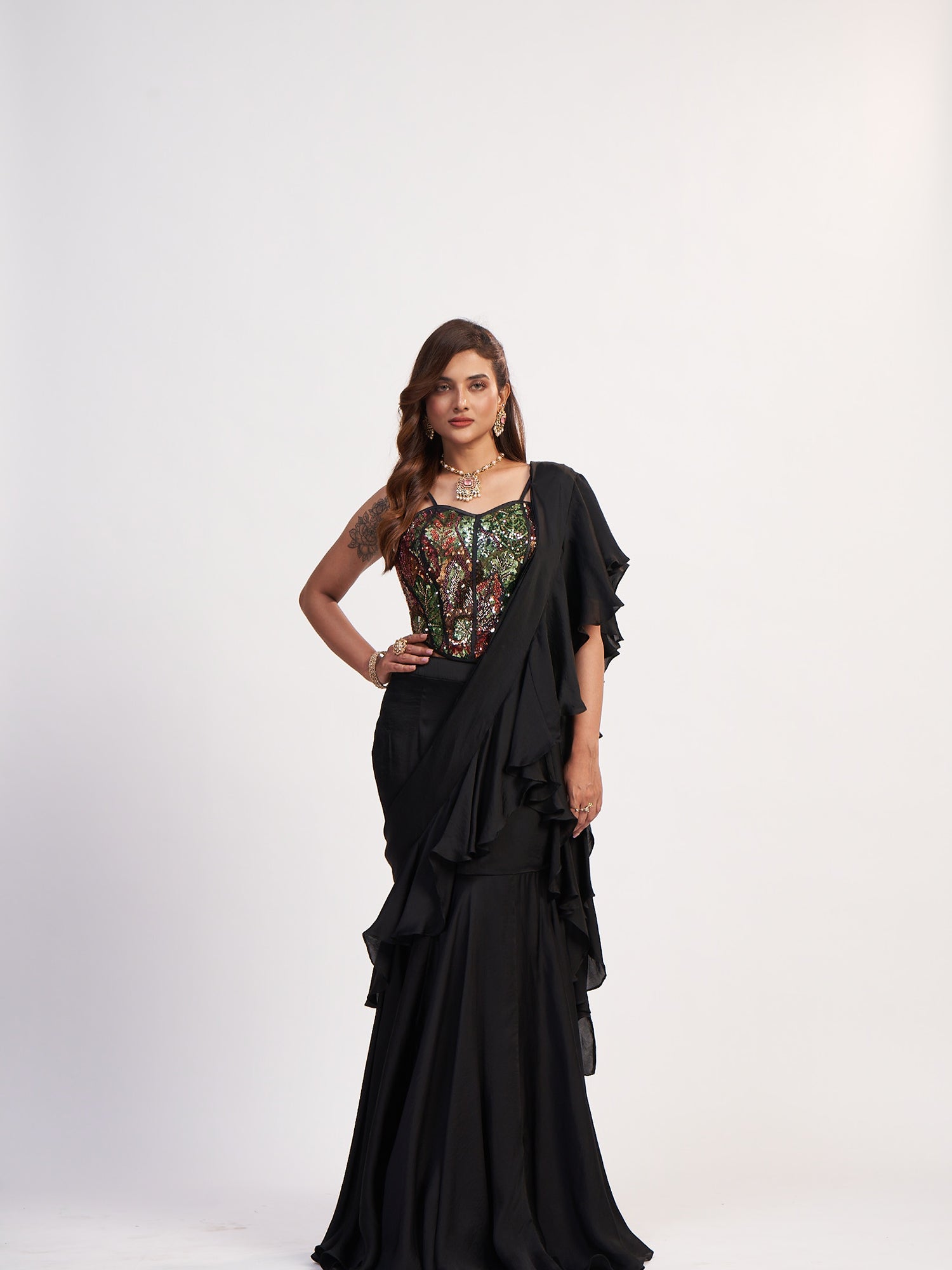 Black Multi Indo-Western Pure Chinon Dress