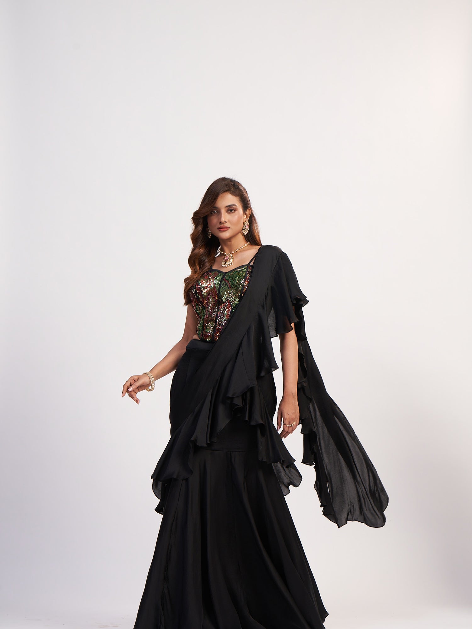 Black Multi Indo-Western Pure Chinon Dress