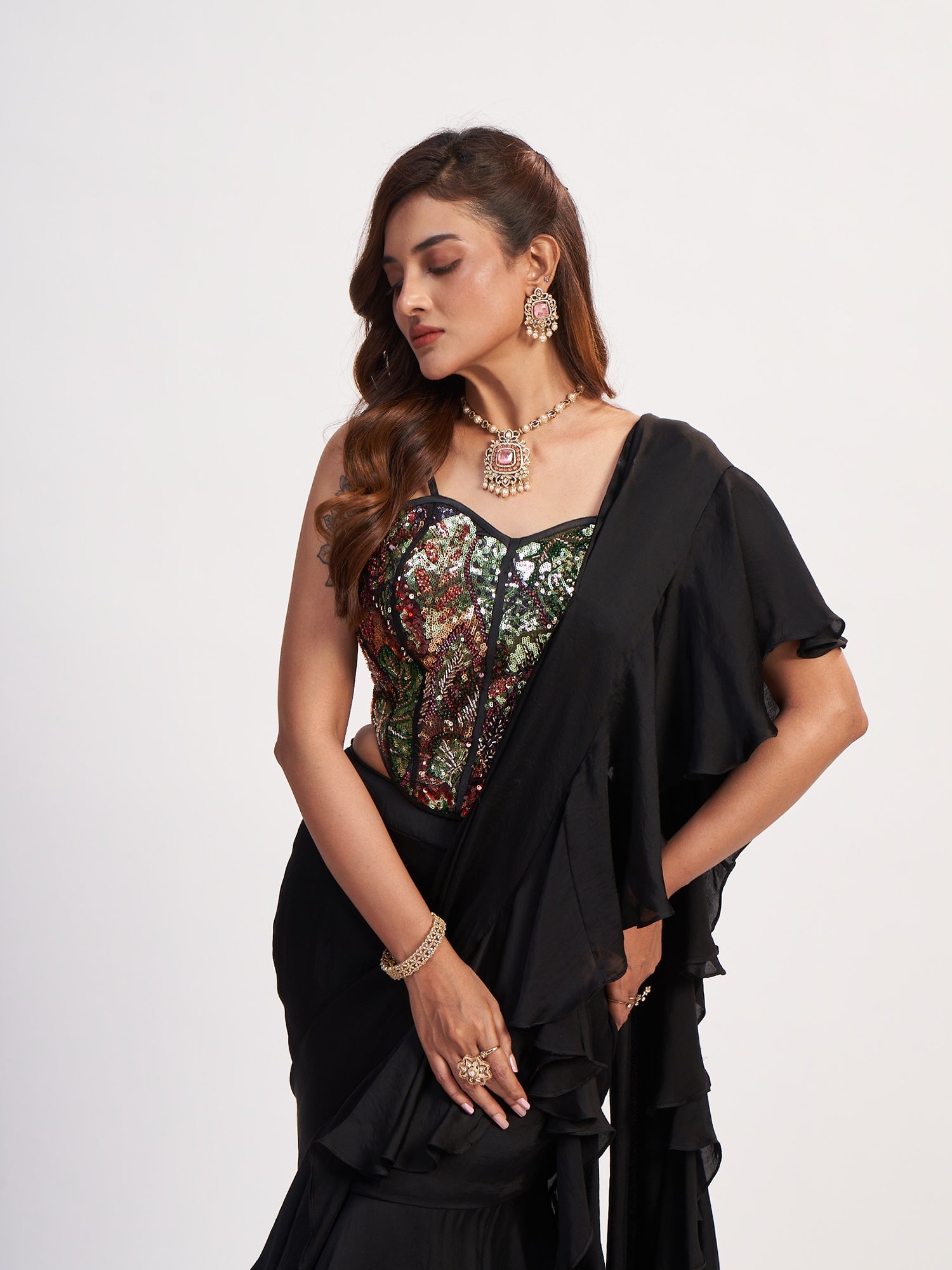 Black Multi Indo-Western Pure Chinon Dress