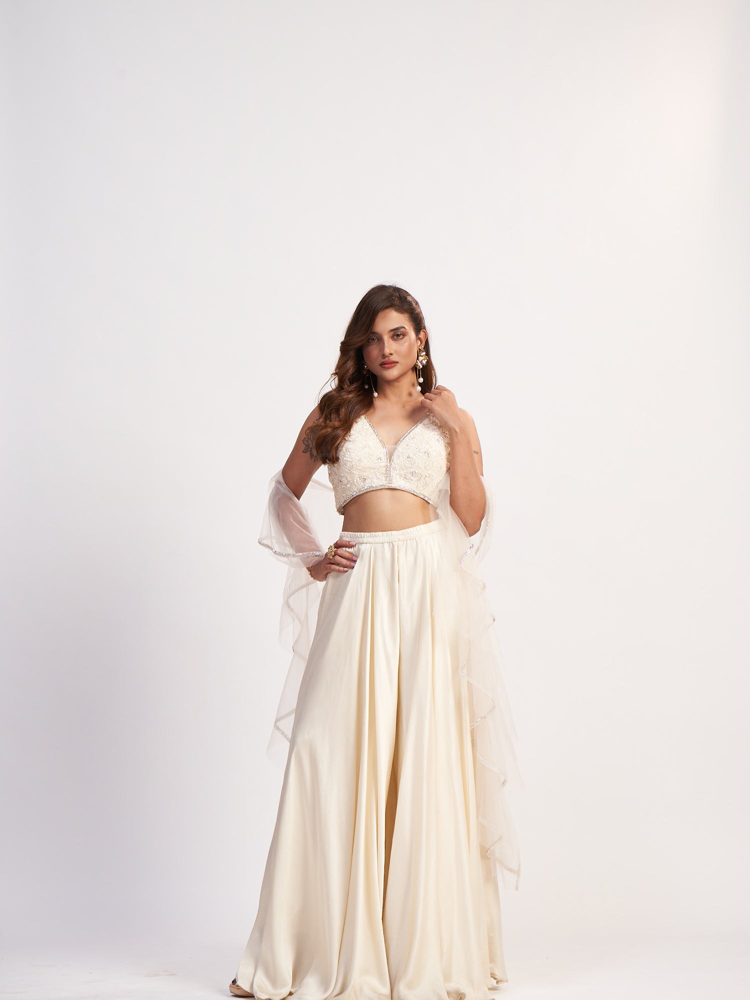 Cream Indo-Western Pure Chinon Dress