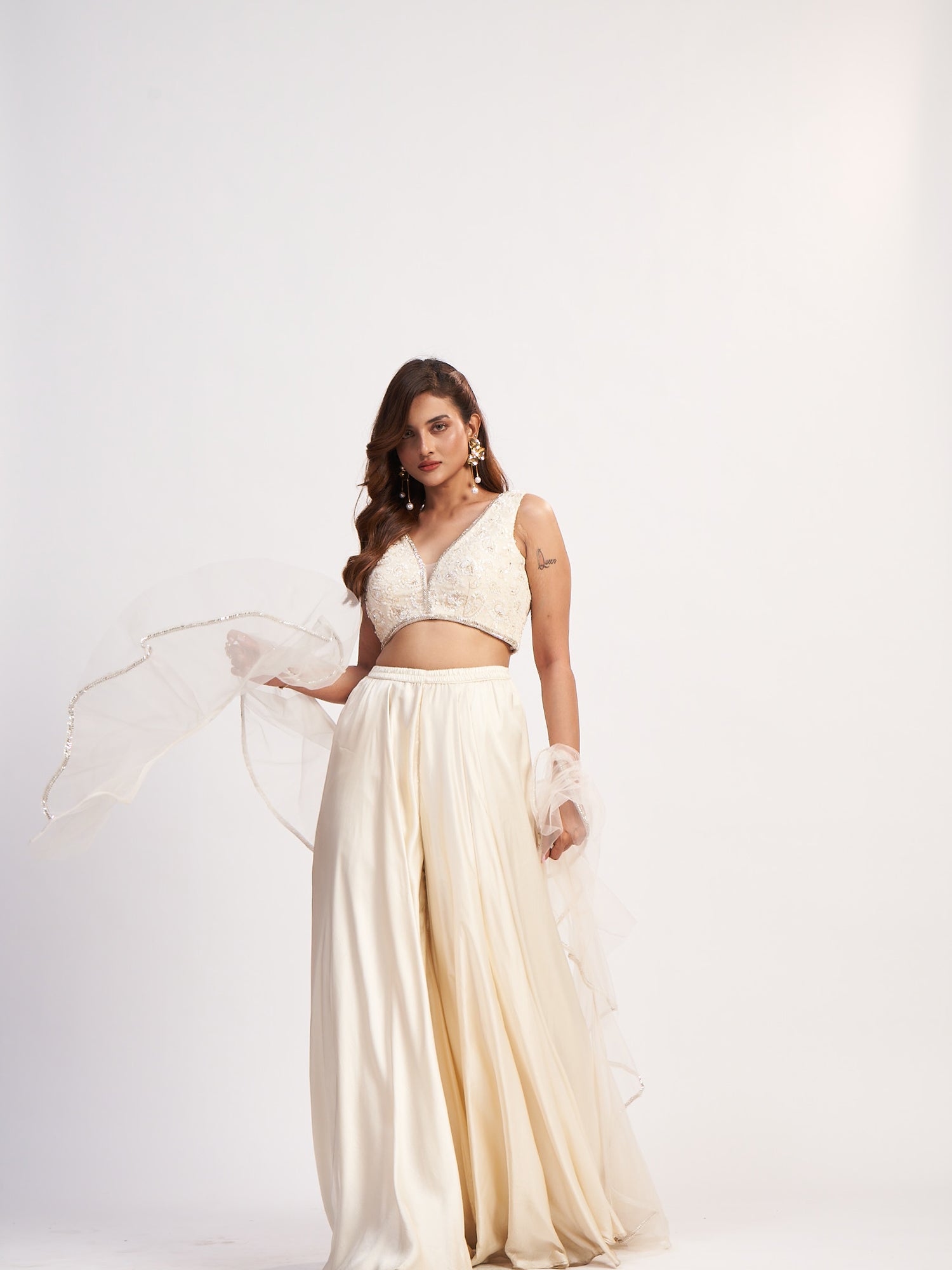 Cream Indo-Western Pure Chinon Dress