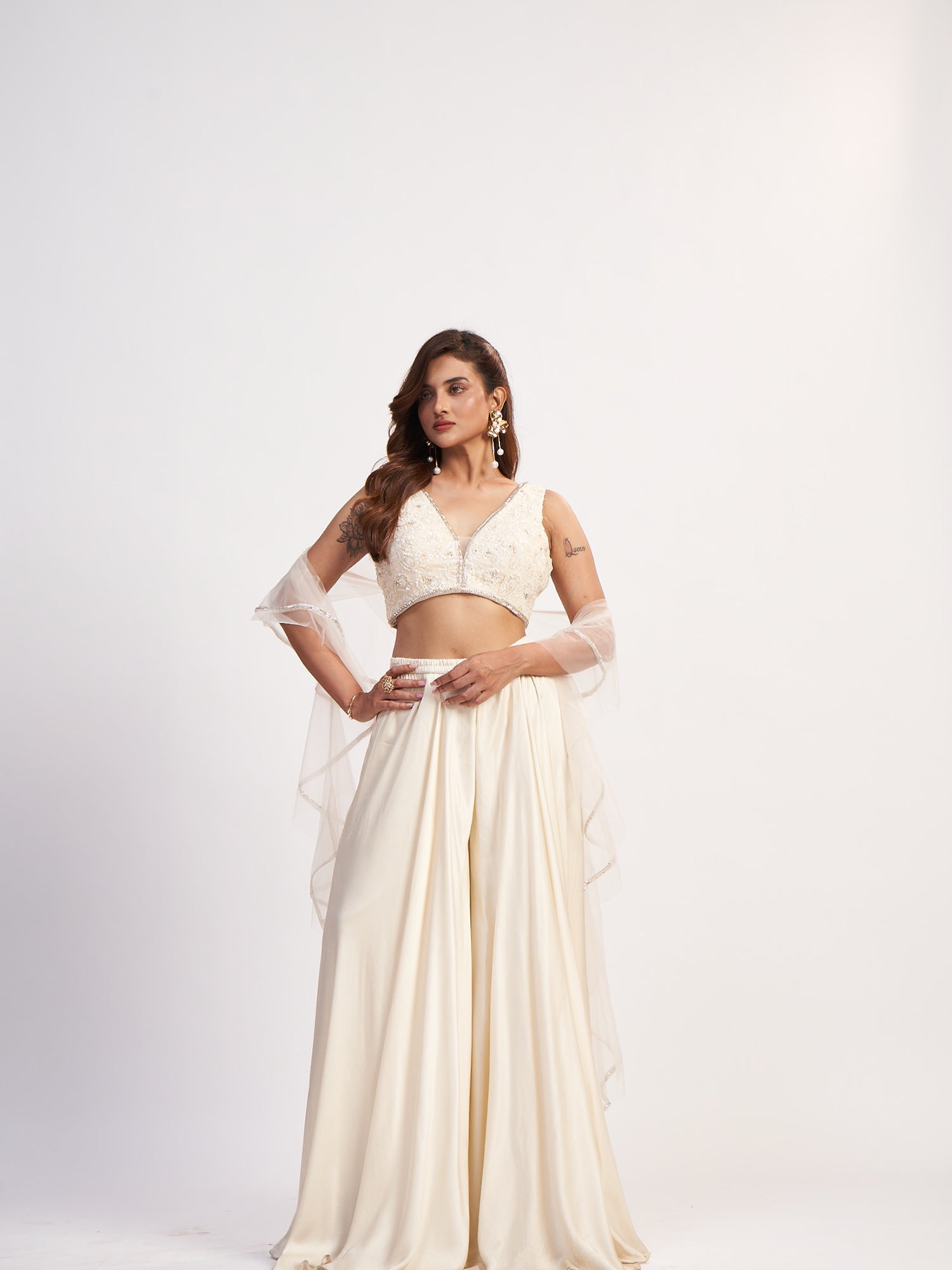 Cream Indo-Western Pure Chinon Dress