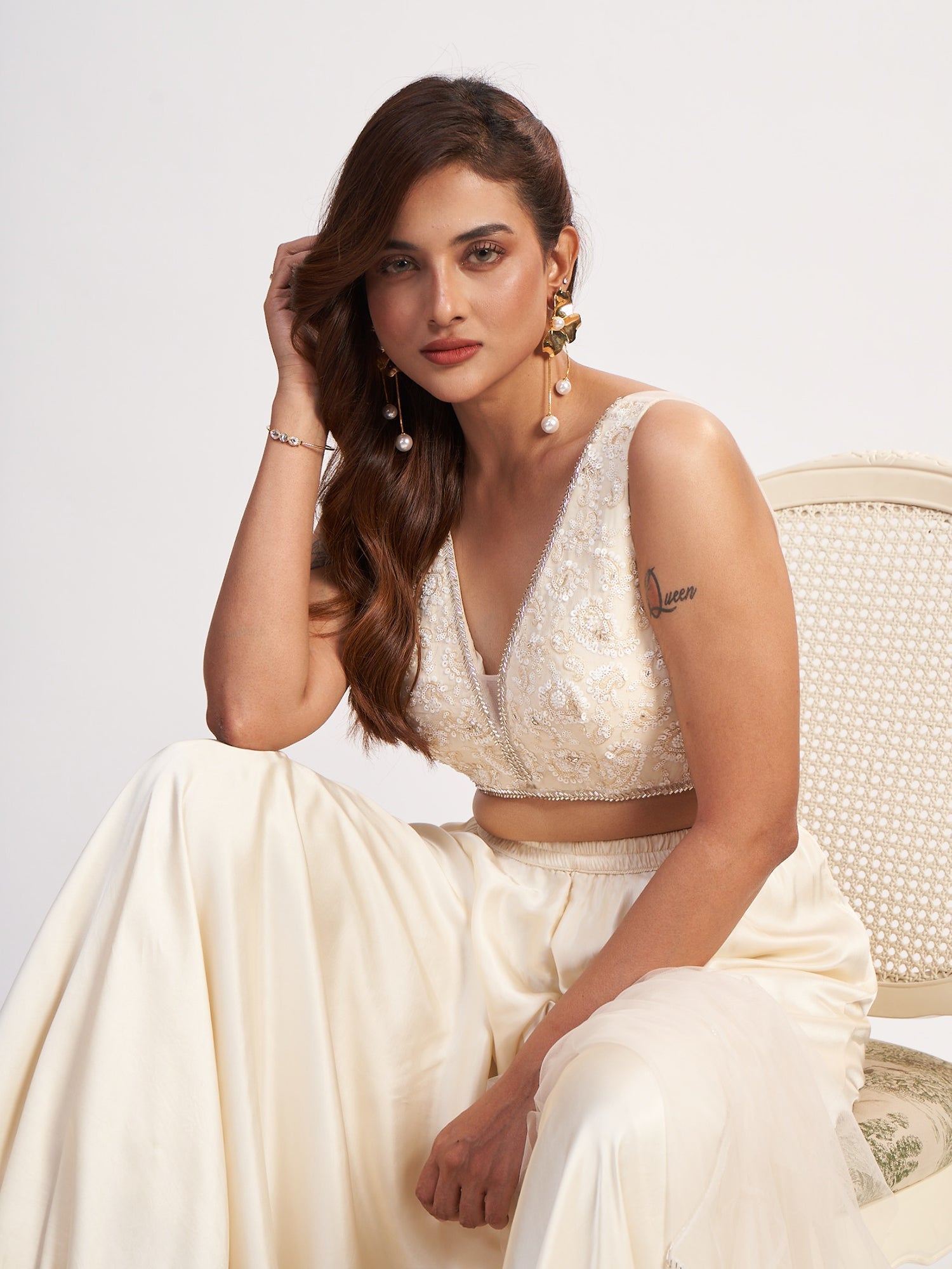 Cream Indo-Western Pure Chinon Dress