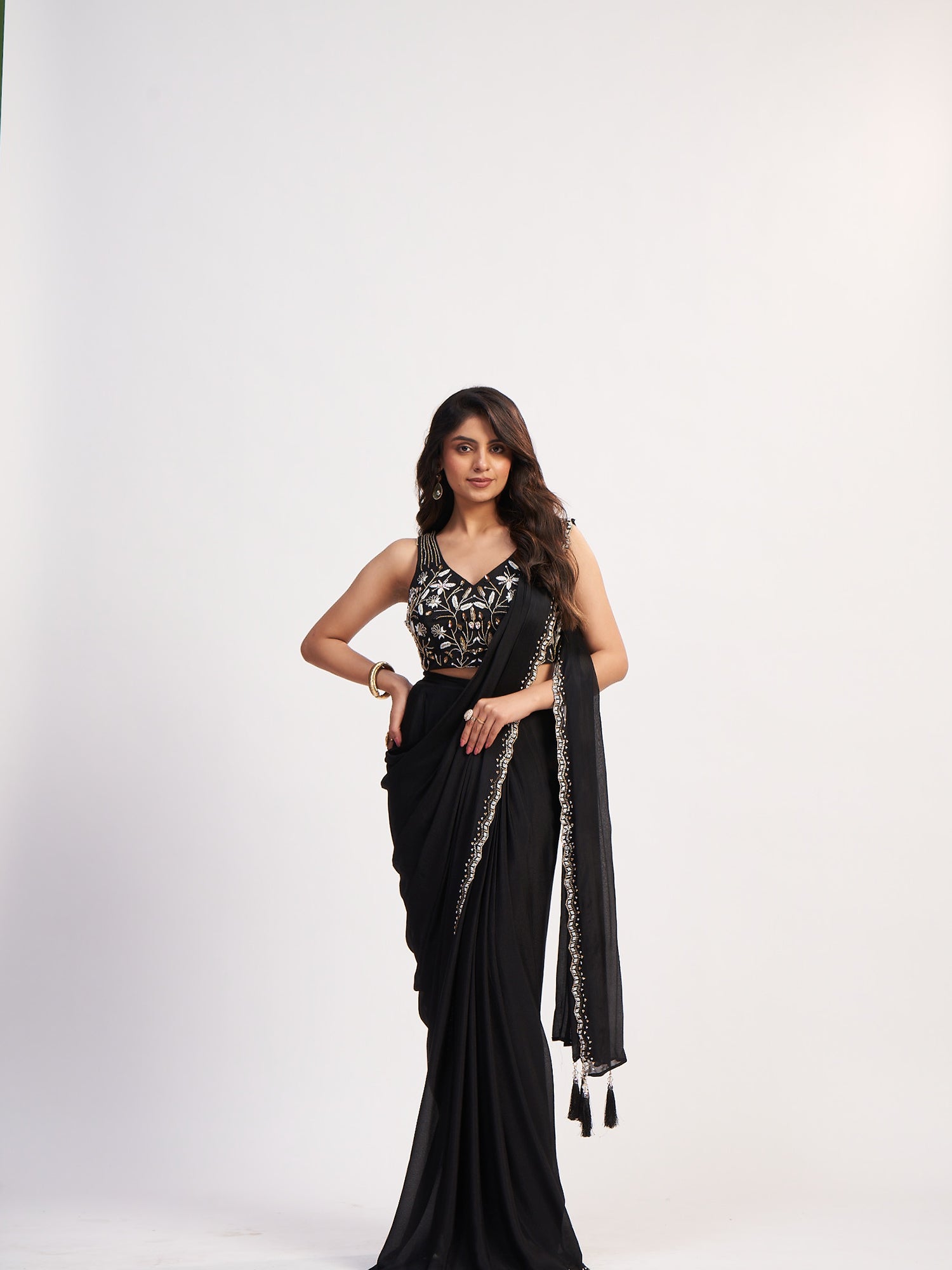 Elegant Black Pure Chinon Saree