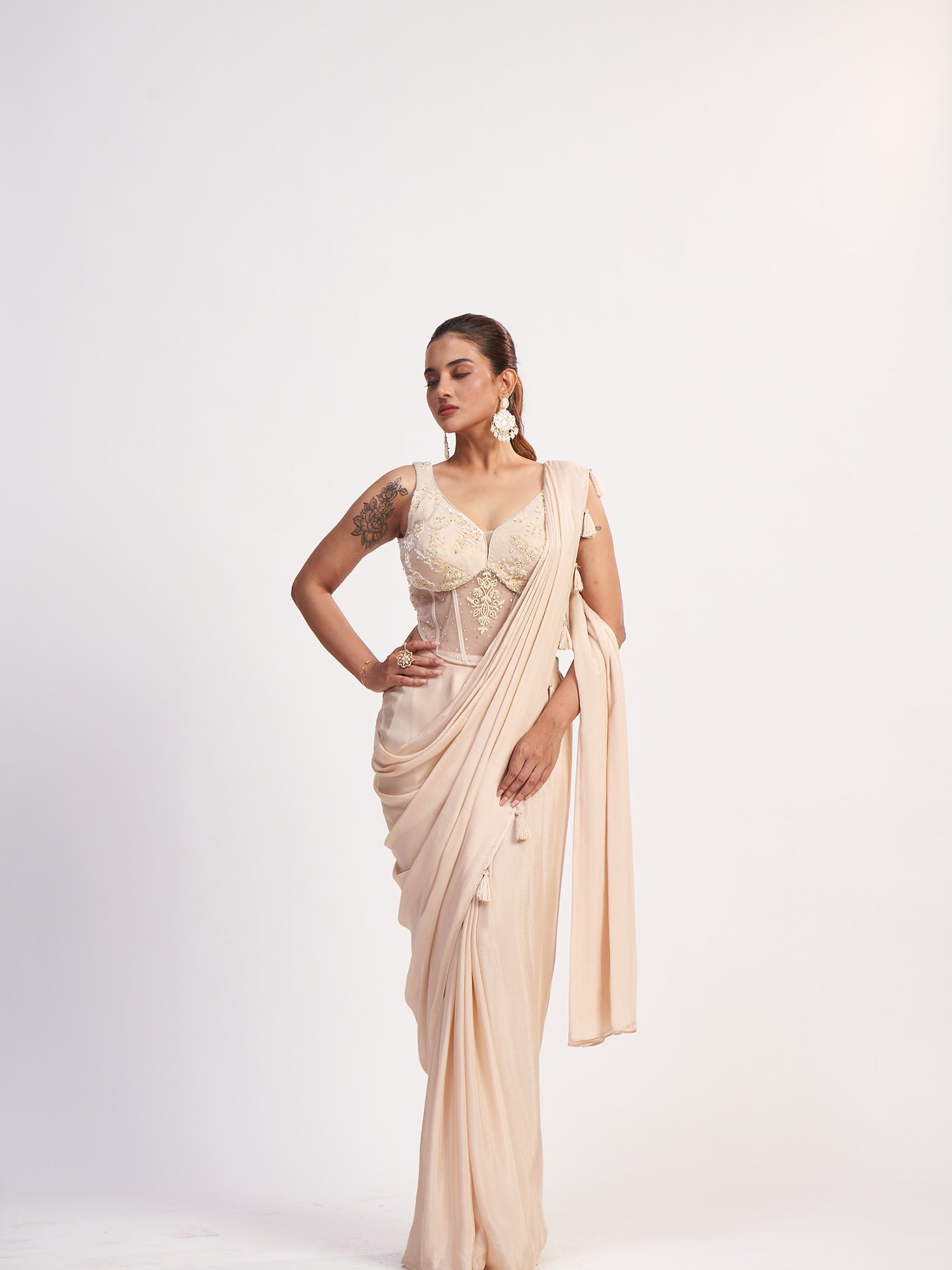 Cream Gold Indo-Western Pure Chinon Dress