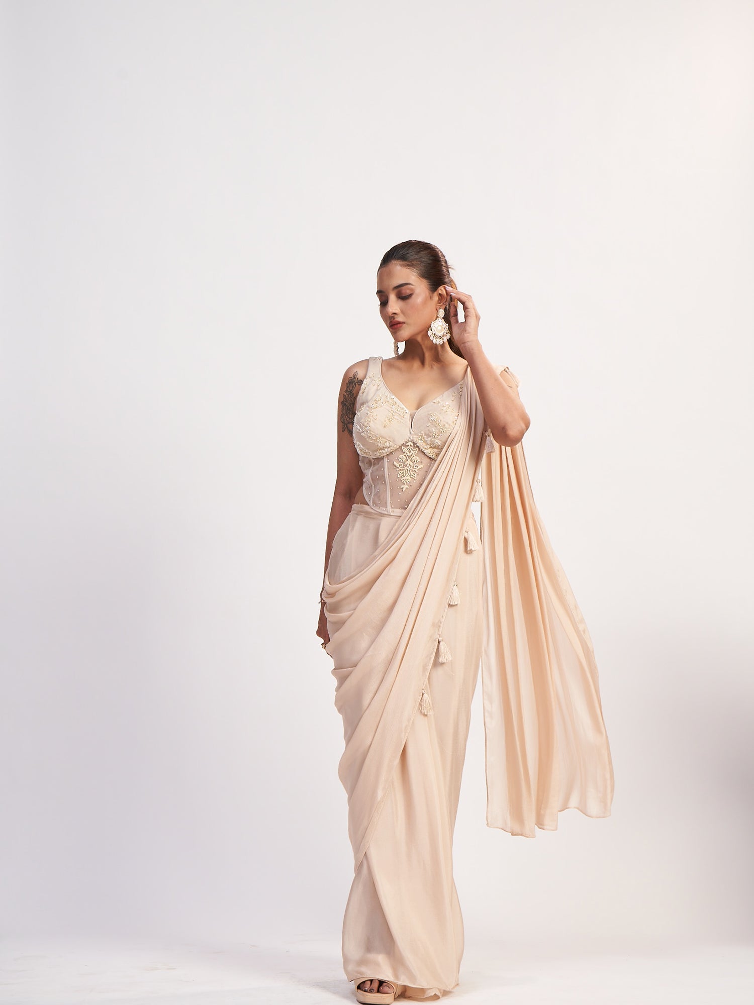 Cream Gold Indo-Western Pure Chinon Dress