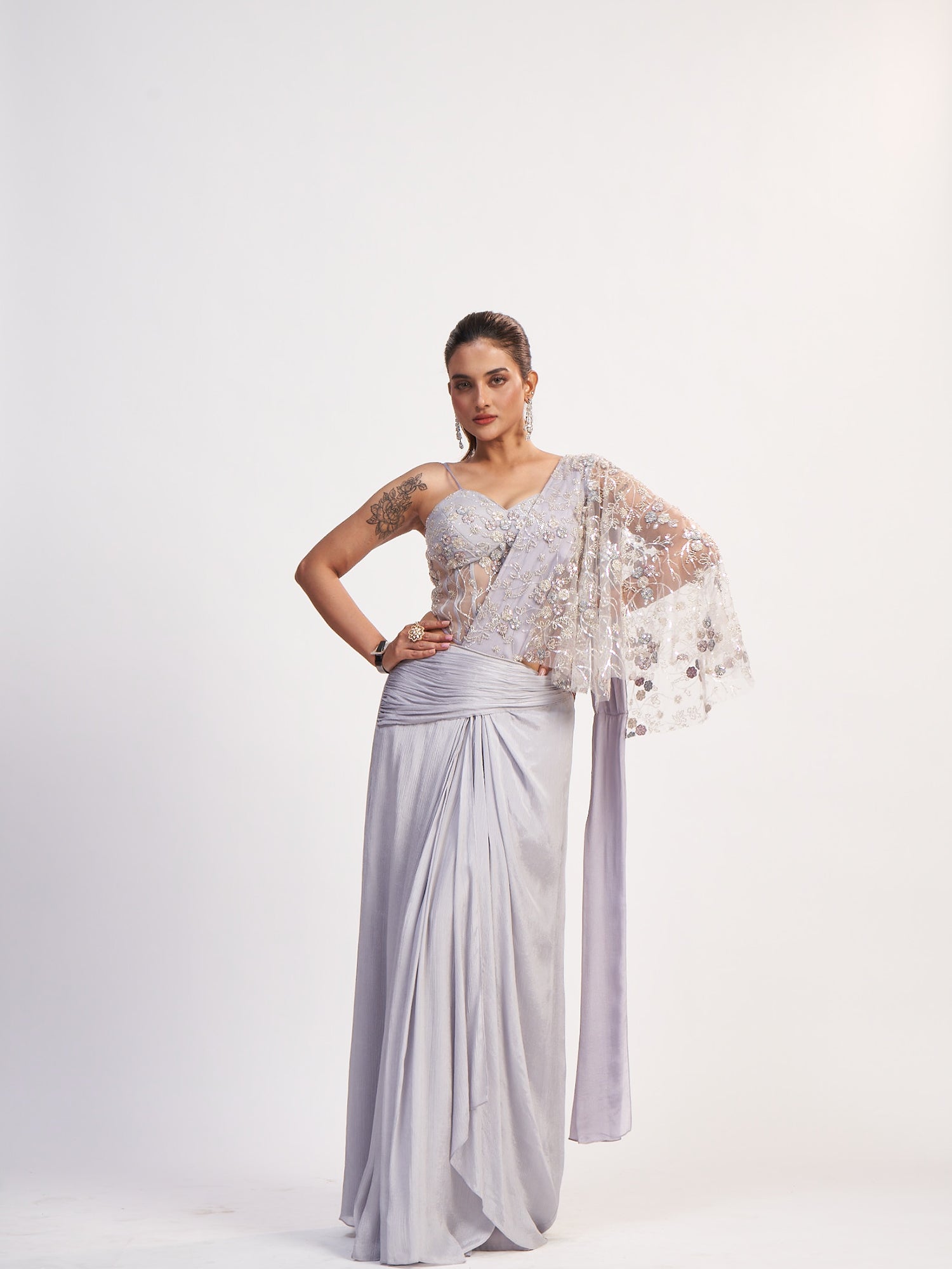 Light Lavender Indo-Western Pure Chinon Dress