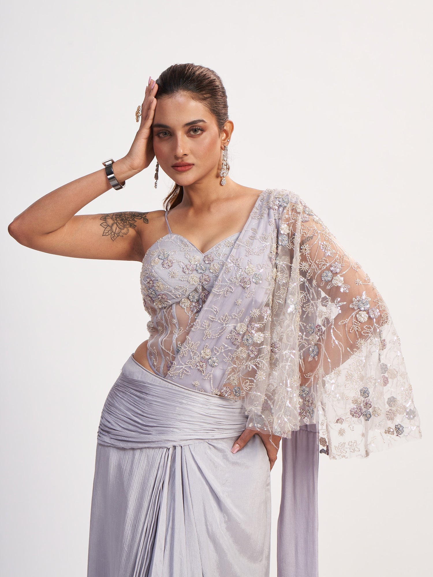 Light Lavender Indo-Western Pure Chinon Dress