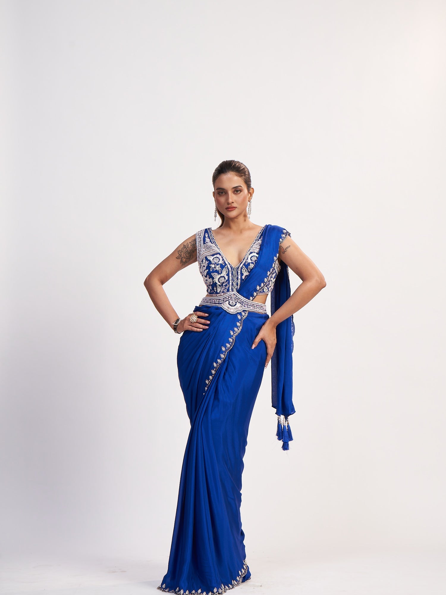 Blue Pure Chinon Drape Saree with Beads