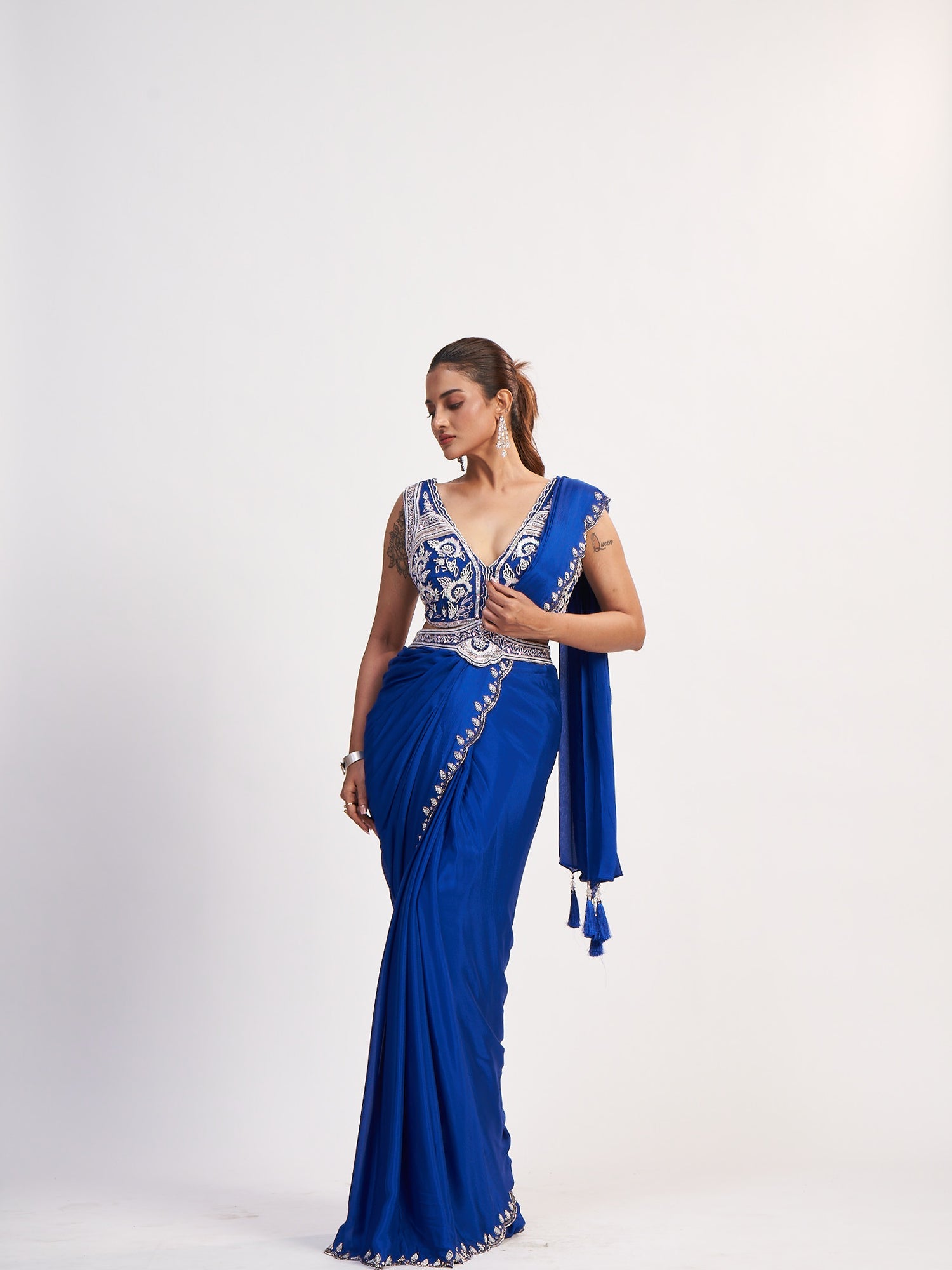 Blue Pure Chinon Drape Saree with Beads