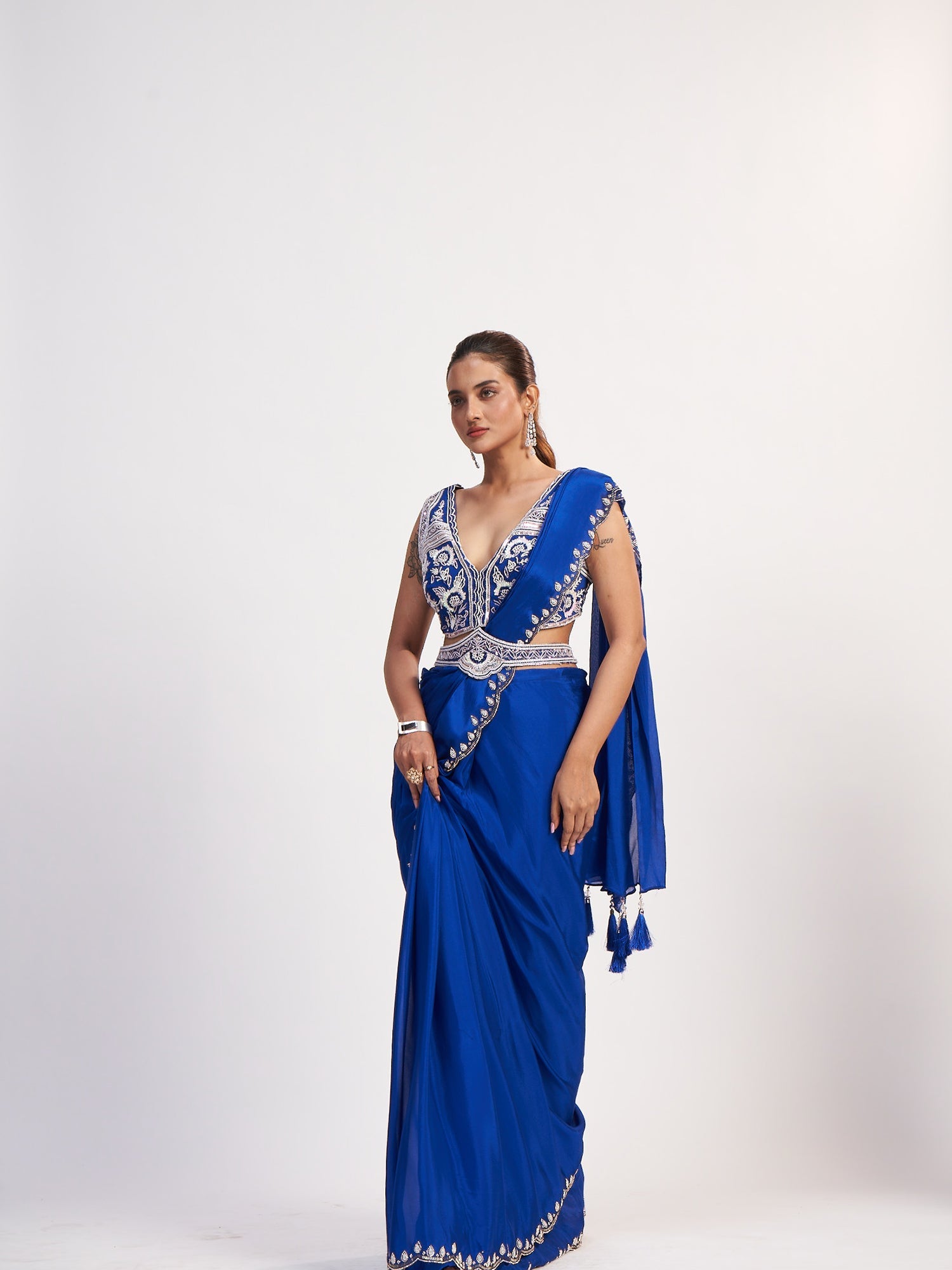 Blue Pure Chinon Drape Saree with Beads