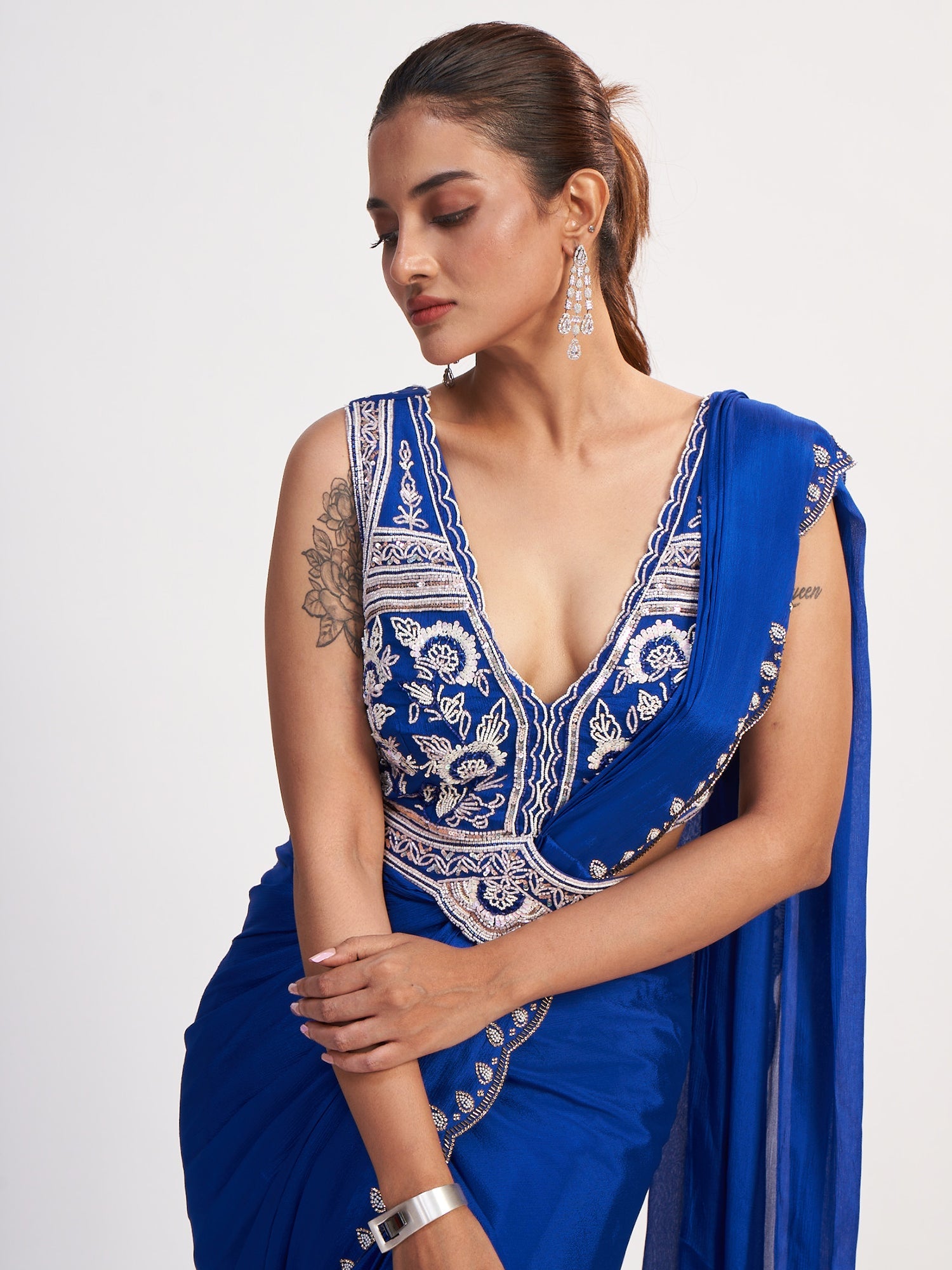 Blue Pure Chinon Drape Saree with Beads