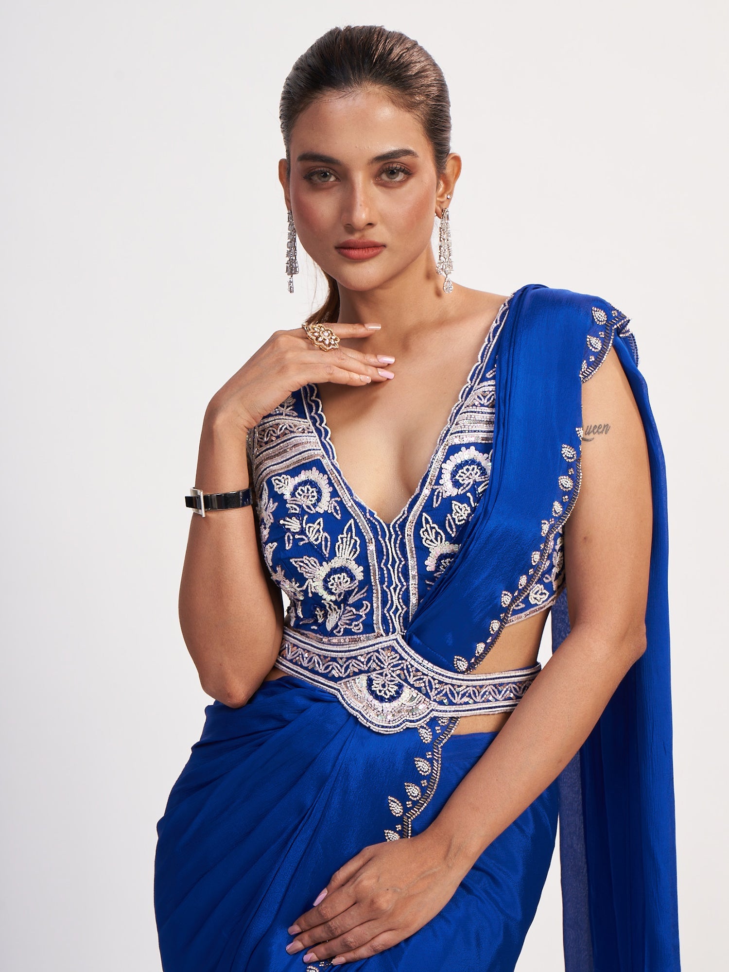 Blue Pure Chinon Drape Saree with Beads