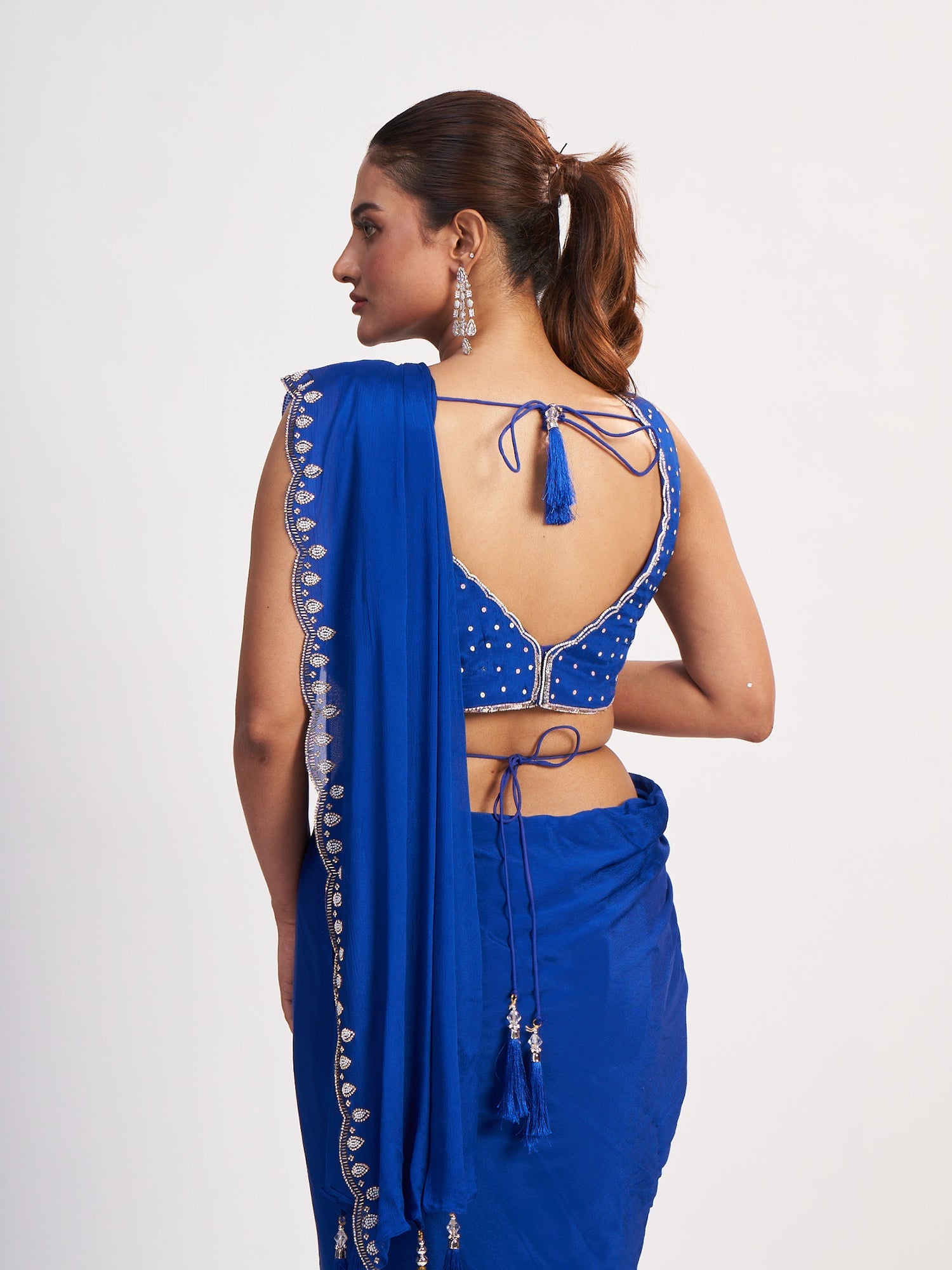 Blue Pure Chinon Drape Saree with Beads