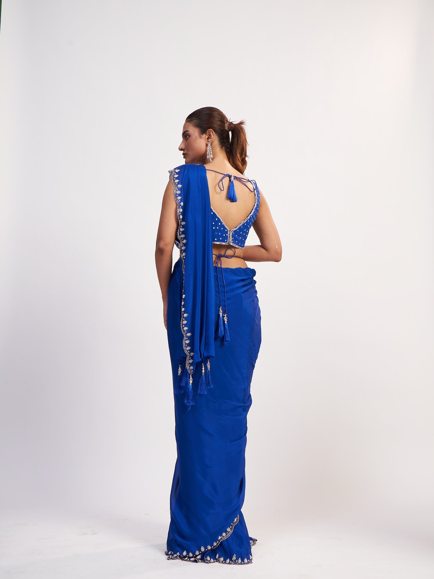 Blue Pure Chinon Drape Saree with Beads