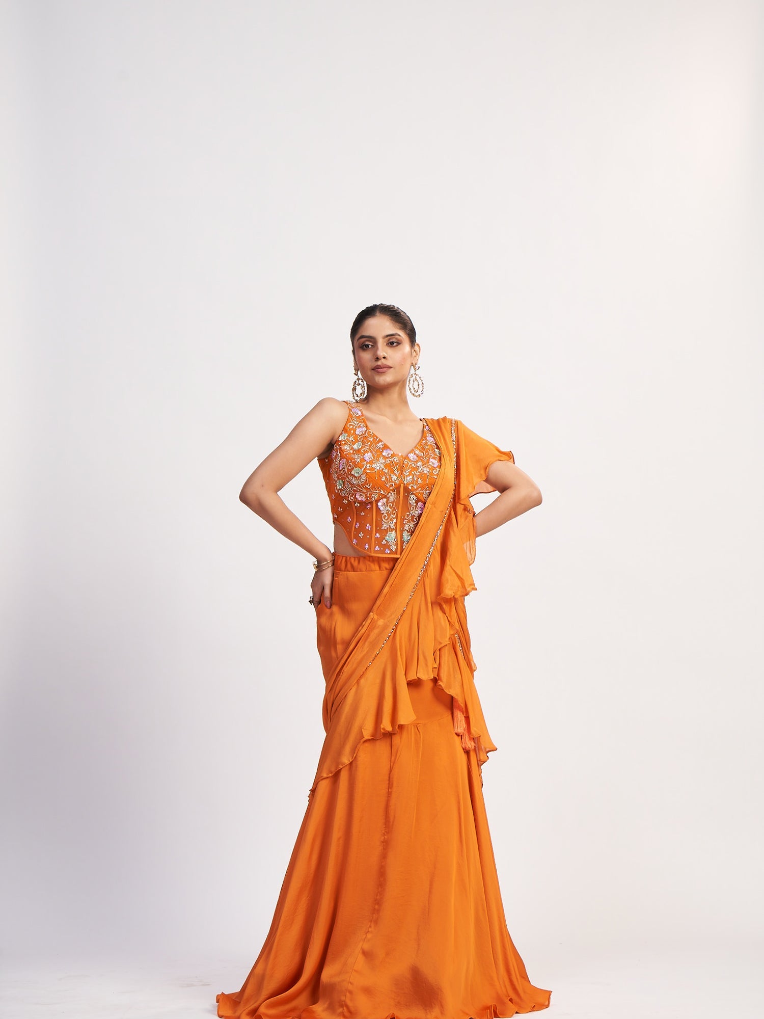 Orange Pure Chinon Indo-Western Outfit with Sequin