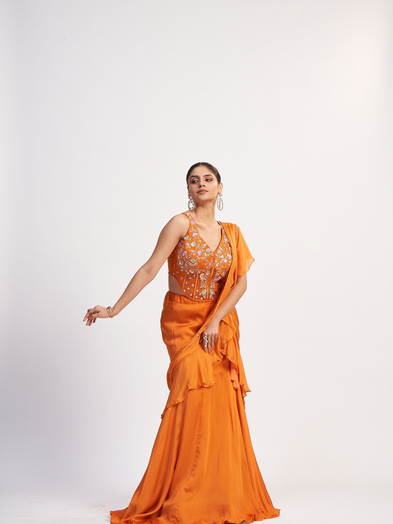 Orange Pure Chinon Indo-Western Outfit with Sequin