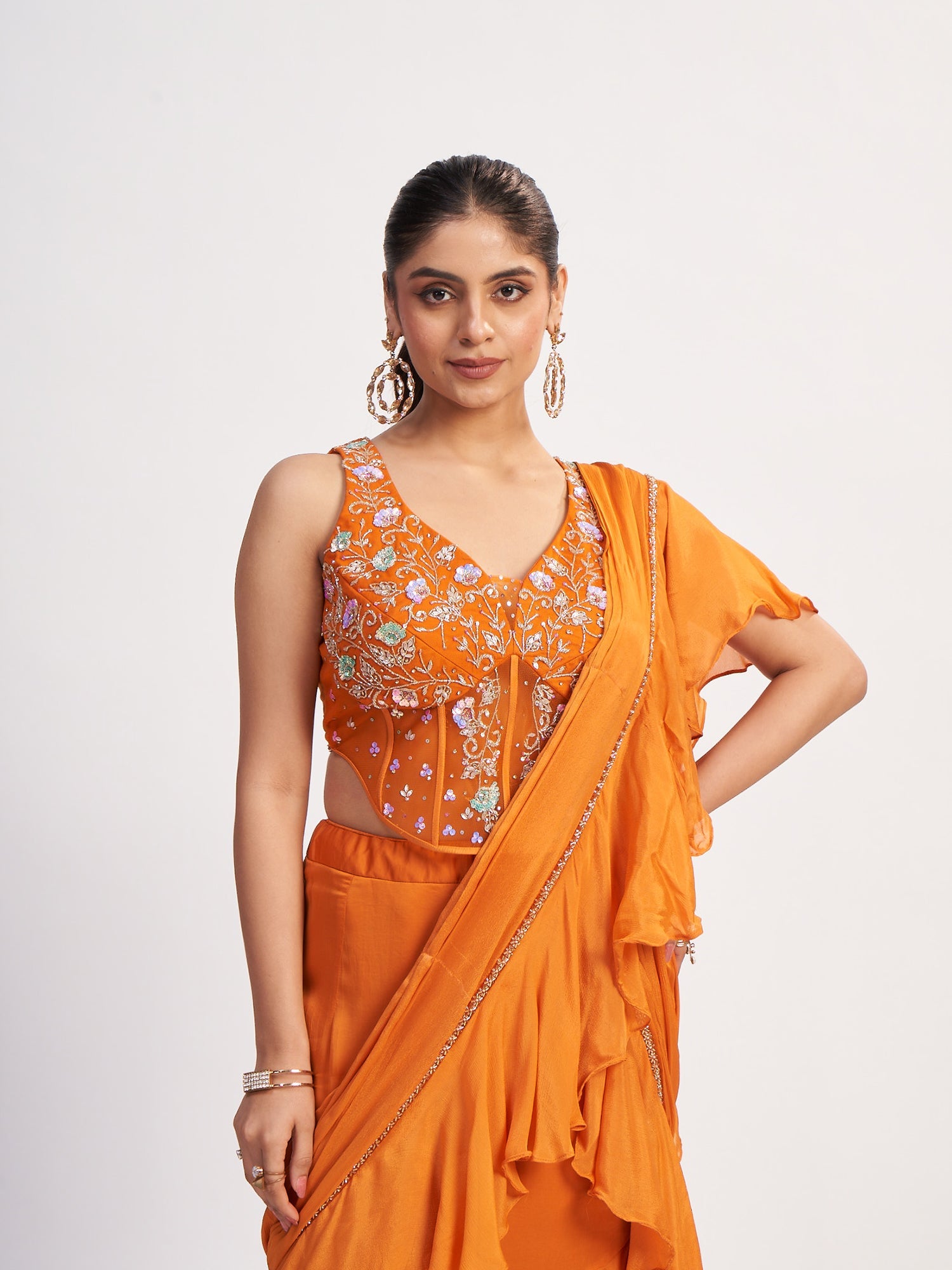 Orange Pure Chinon Indo-Western Outfit with Sequin