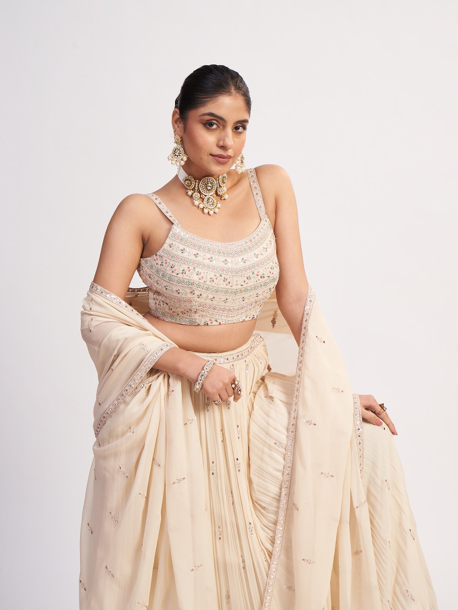 Cream Pure Chinon Crop Top with Jarkan
